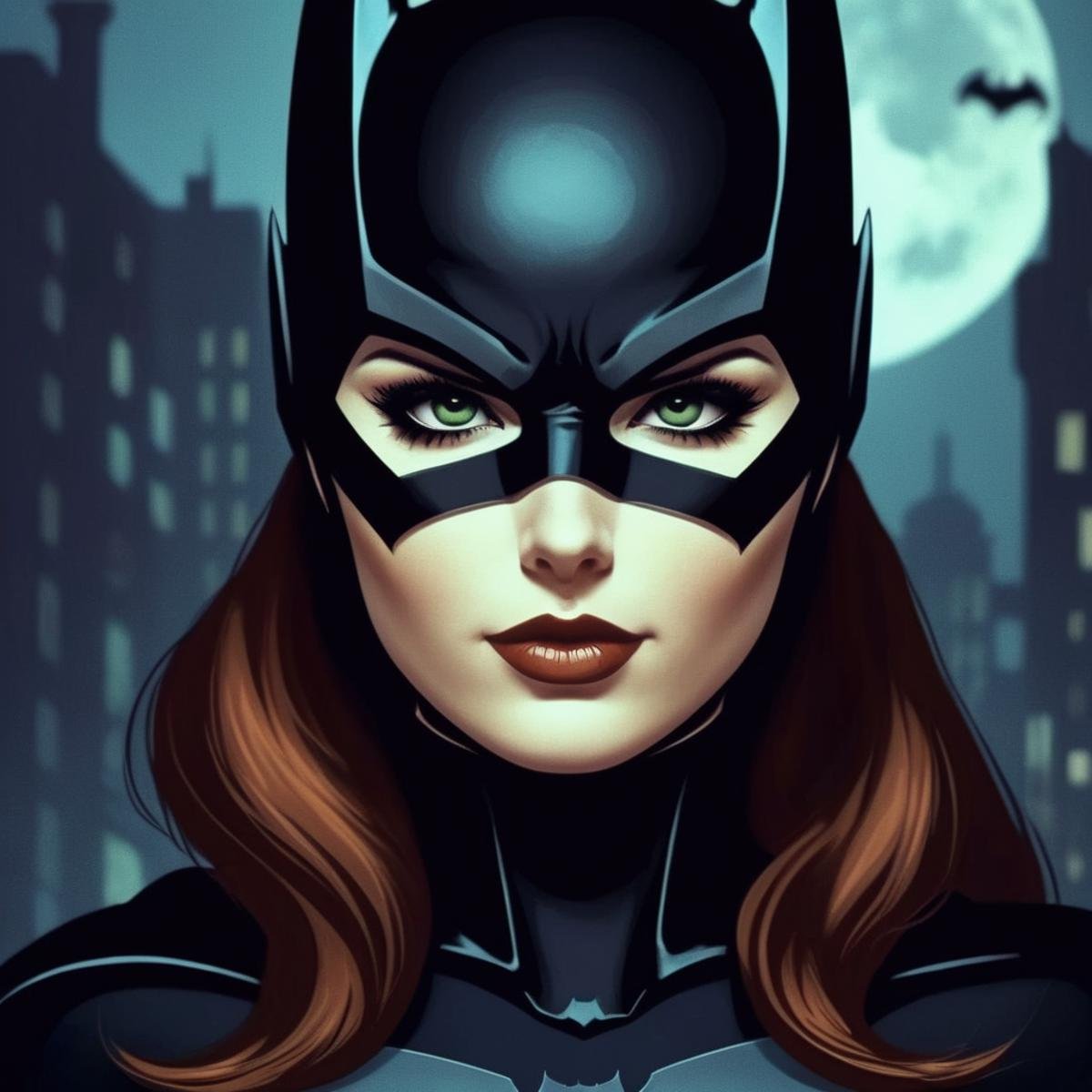 Dark Fantasy Art of (Cinematic Film stock footage style) in (arri alexa style) (Kodak film print style),  Batgirl a cartoo...