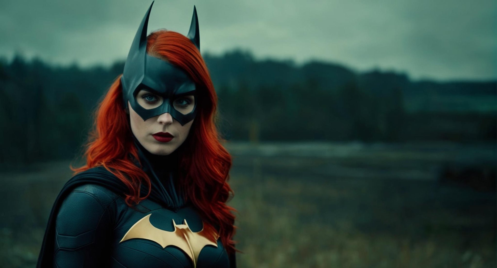 Dark Fantasy Art of (Cinematic Film stock footage style) in (arri alexa style) (Kodak film print style),  Batgirl a woman...