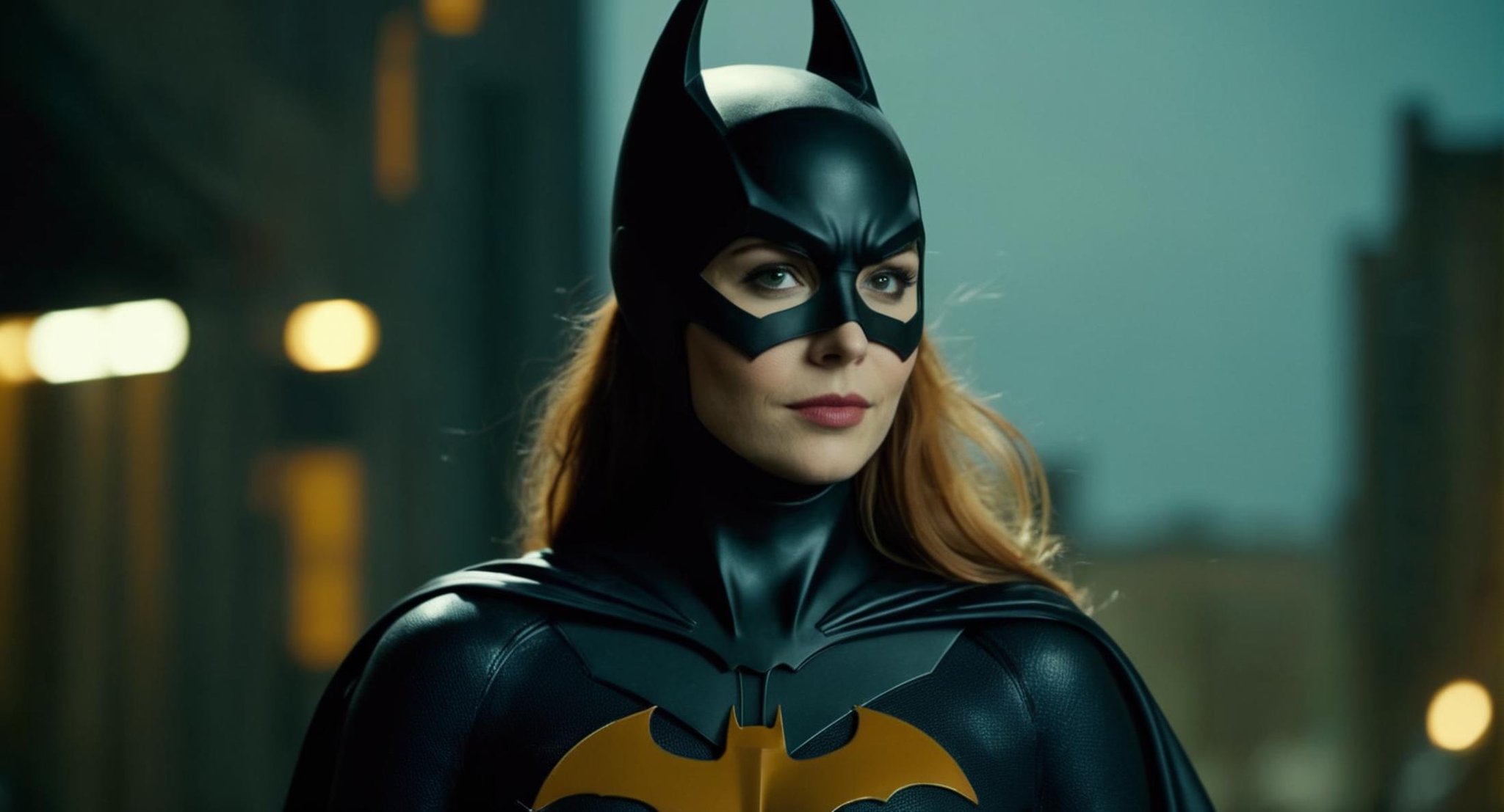 cinematic film still of (Cinematic Film stock footage style) in (arri alexa style) (Kodak film print style),  Batgirl a wo...