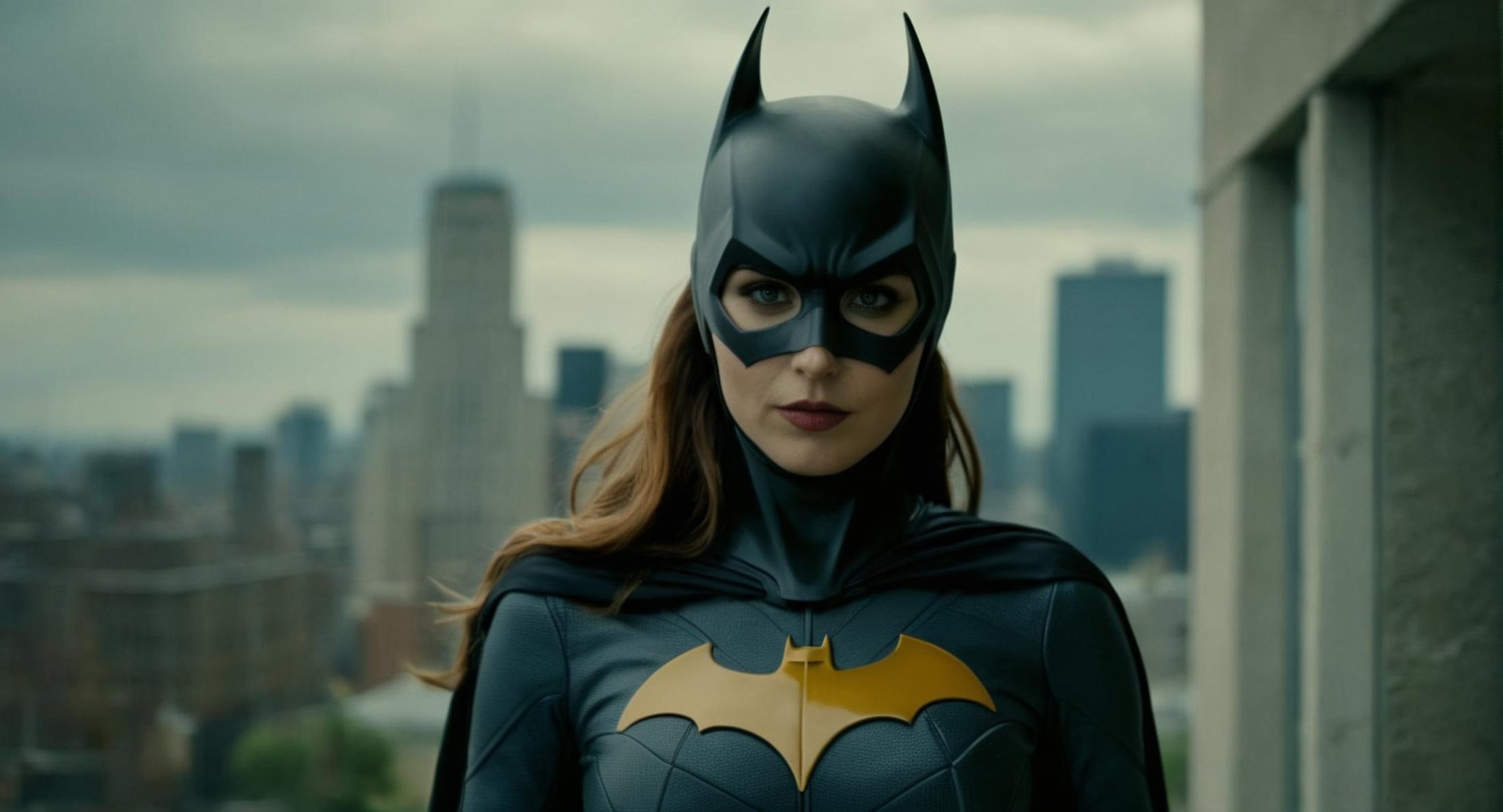 (Cinematic Film stock footage style) in (arri alexa style) (Kodak film print style),  Batgirl a woman in a Batgirl costume...