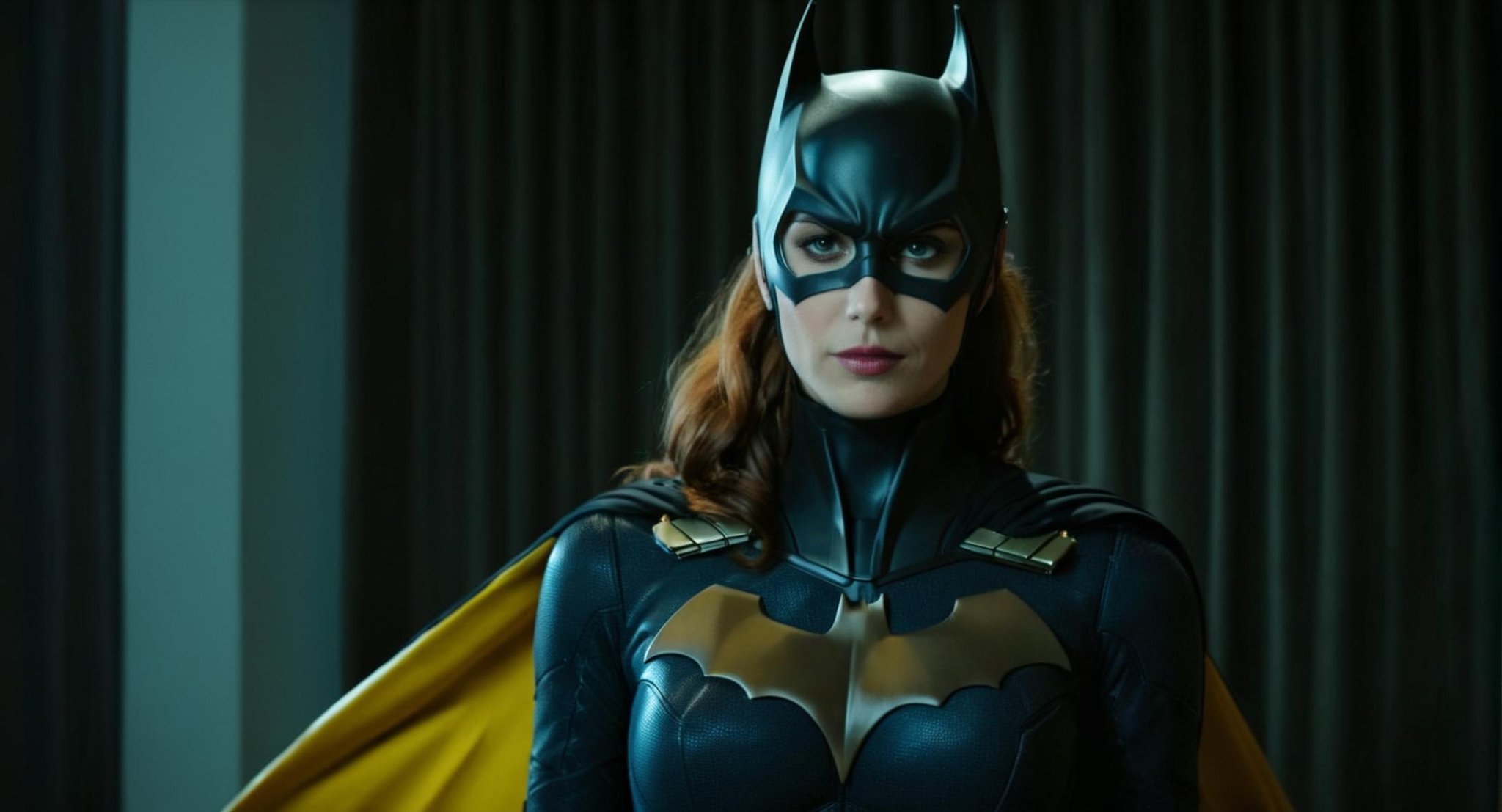 breathtaking,  (Cinematic Film stock footage style) in (arri alexa style) (Kodak film print style),  Batgirl a woman weari...