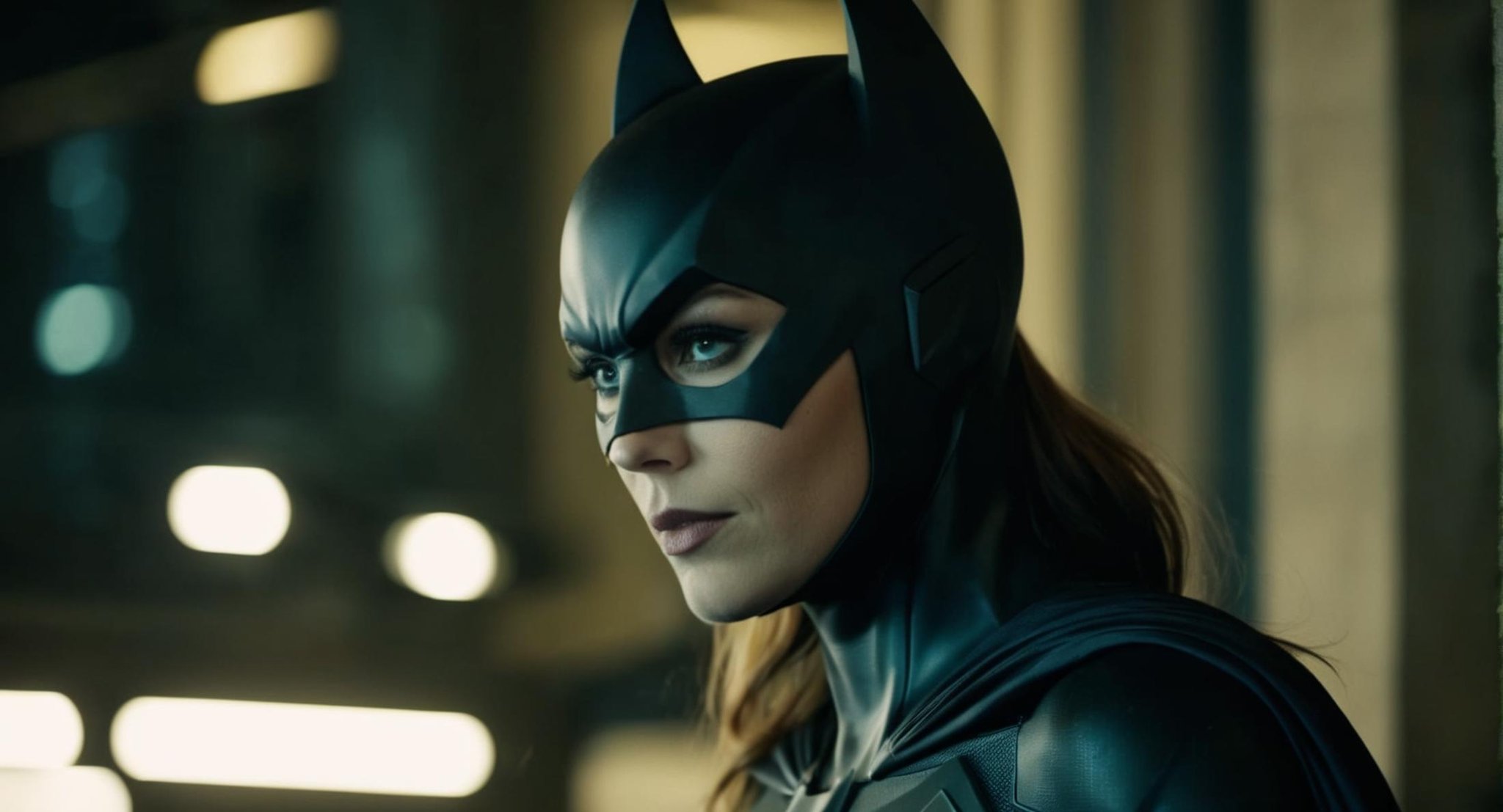 cinematic film still of (Cinematic Film stock footage style) in (arri alexa style) (Kodak film print style),  Batgirl a wo...