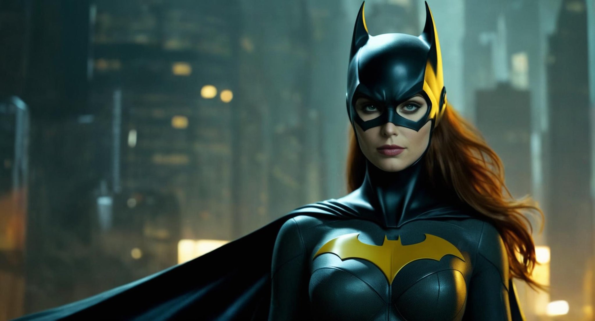 concept art of (Cinematic Film stock footage style) in (arri alexa style) (Kodak film print style),  Batgirl a sexy woman...