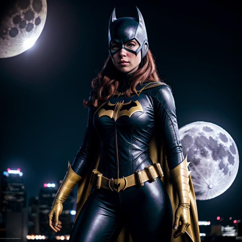 Hyperrealistic art of Batgirl a woman in a Batgirl costume standing in front of a full moon,  Extremely high-resolution de...