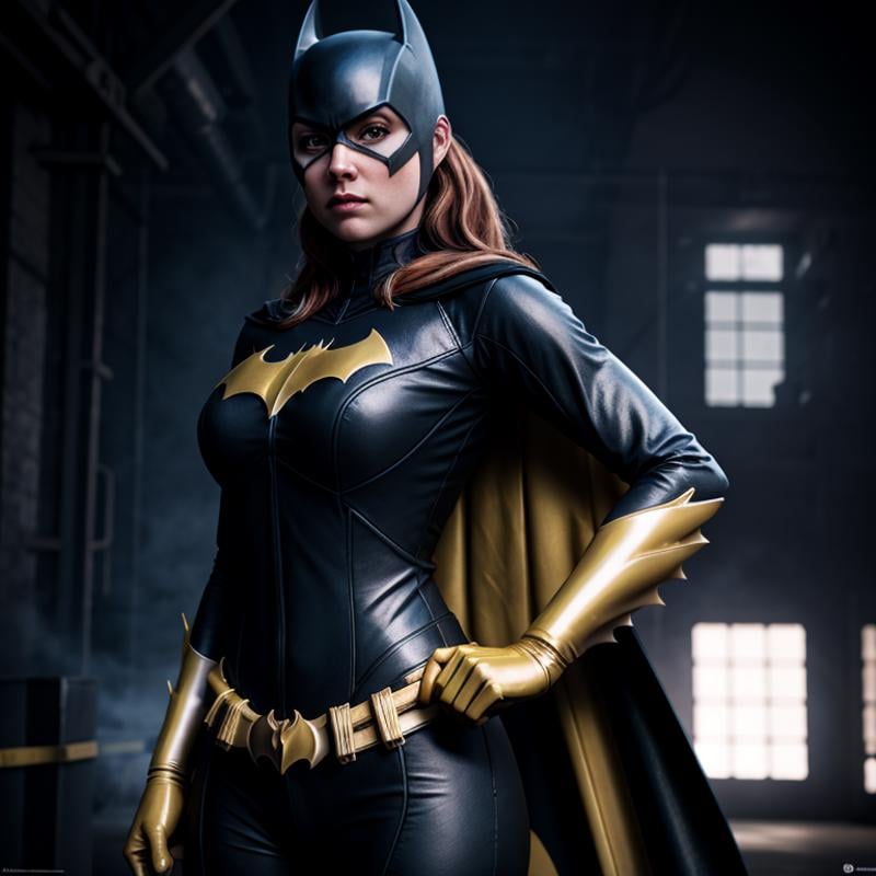 Hyperrealistic art of Batgirl a woman in a Batgirl costume standing with her hands on her hips,  Extremely high-resolution...