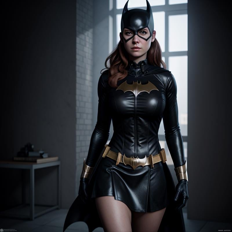 Hyperrealistic art of Batgirl a cartoon naked woman in a skirt and a shirt,  Extremely high-resolution details,  photograp...