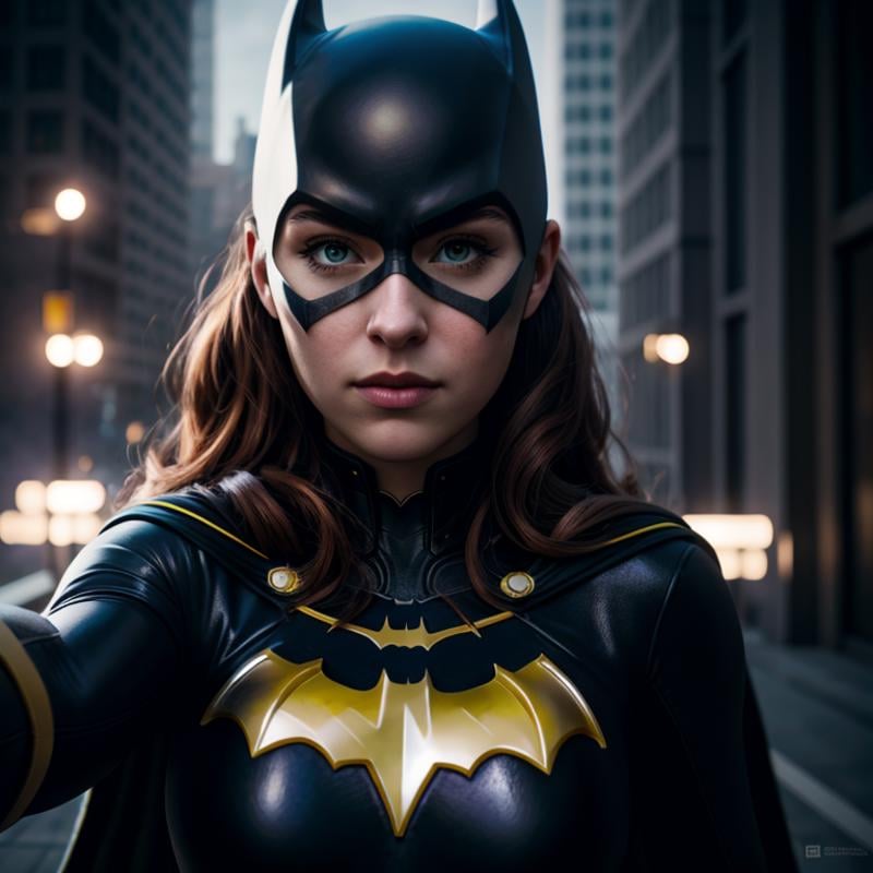 Hyperrealistic art of Batgirl a woman in a Batgirl costume taking a selfie with iPhone,  Extremely high-resolution details...