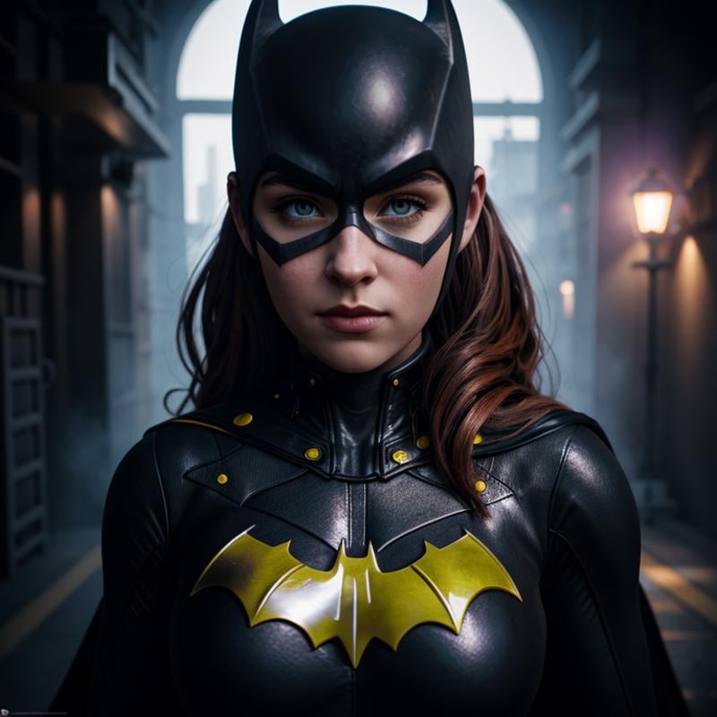 Hyperrealistic art of Batgirl a woman in a Batgirl costume poses for a picture,  Extremely high-resolution details,  photo...
