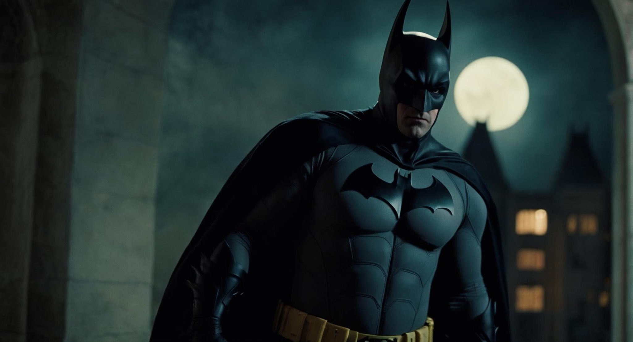 cinematic film still of Cinematic Film stock footage in (arri alexa style) Kodak film print,  Batman Vampire a man in a ba...
