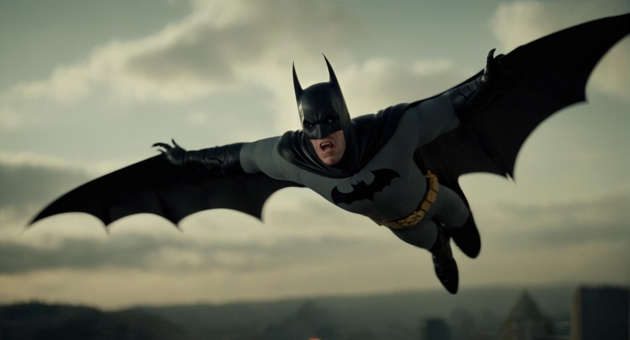 cinematic film still of Cinematic Film stock footage in (arri alexa style) Kodak film print,  Batman Vampire a batman flyi...