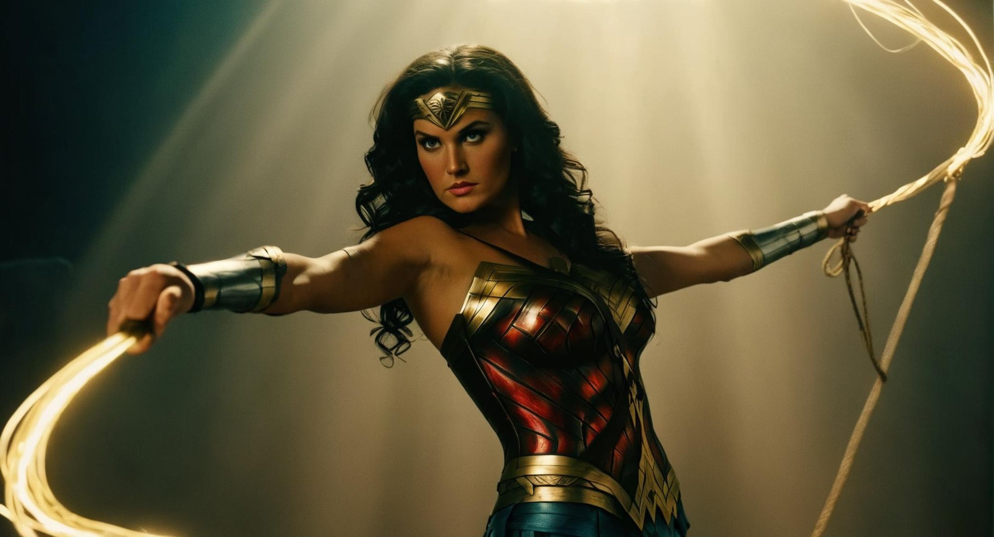 cinematic film still of  Cinematic Film stock footage in (arri alexa style) Kodak film print,  <lora:Wonder Woman:1> Wonder Woman a woman in a Wonder costume holding a shiny golden Lasso , shallow depth of field, vignette, highly detailed, high budget, bokeh, cinemascope, moody, epic, gorgeous, film grain, grainy