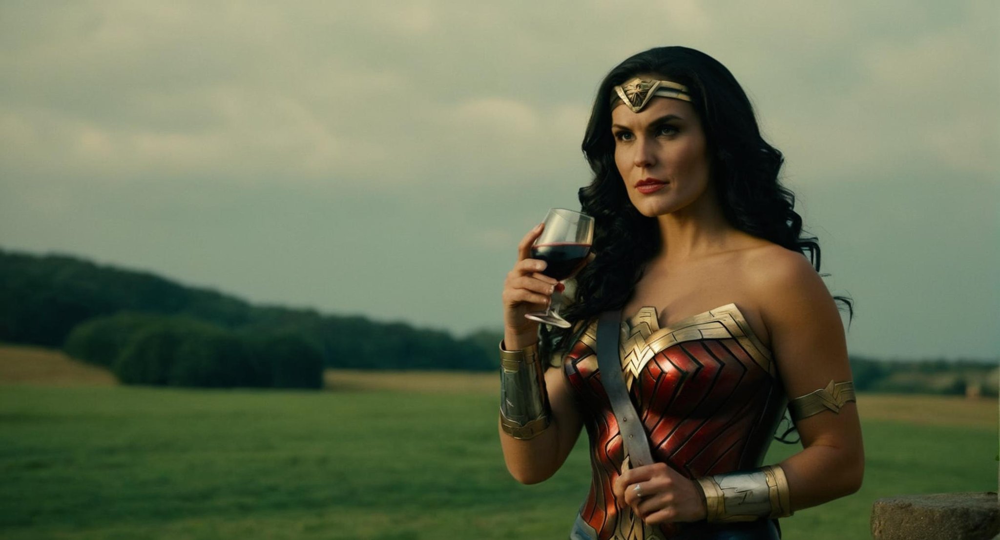 cinematic film still of  Cinematic Film stock footage in (arri alexa style) Kodak film print,  <lora:Wonder Woman:1> Wonder Woman a beautiful woman dressed as a wonder woman holding a bottle of wine, shallow depth of field, vignette, highly detailed, high budget, bokeh, cinemascope, moody, epic, gorgeous, film grain, grainy