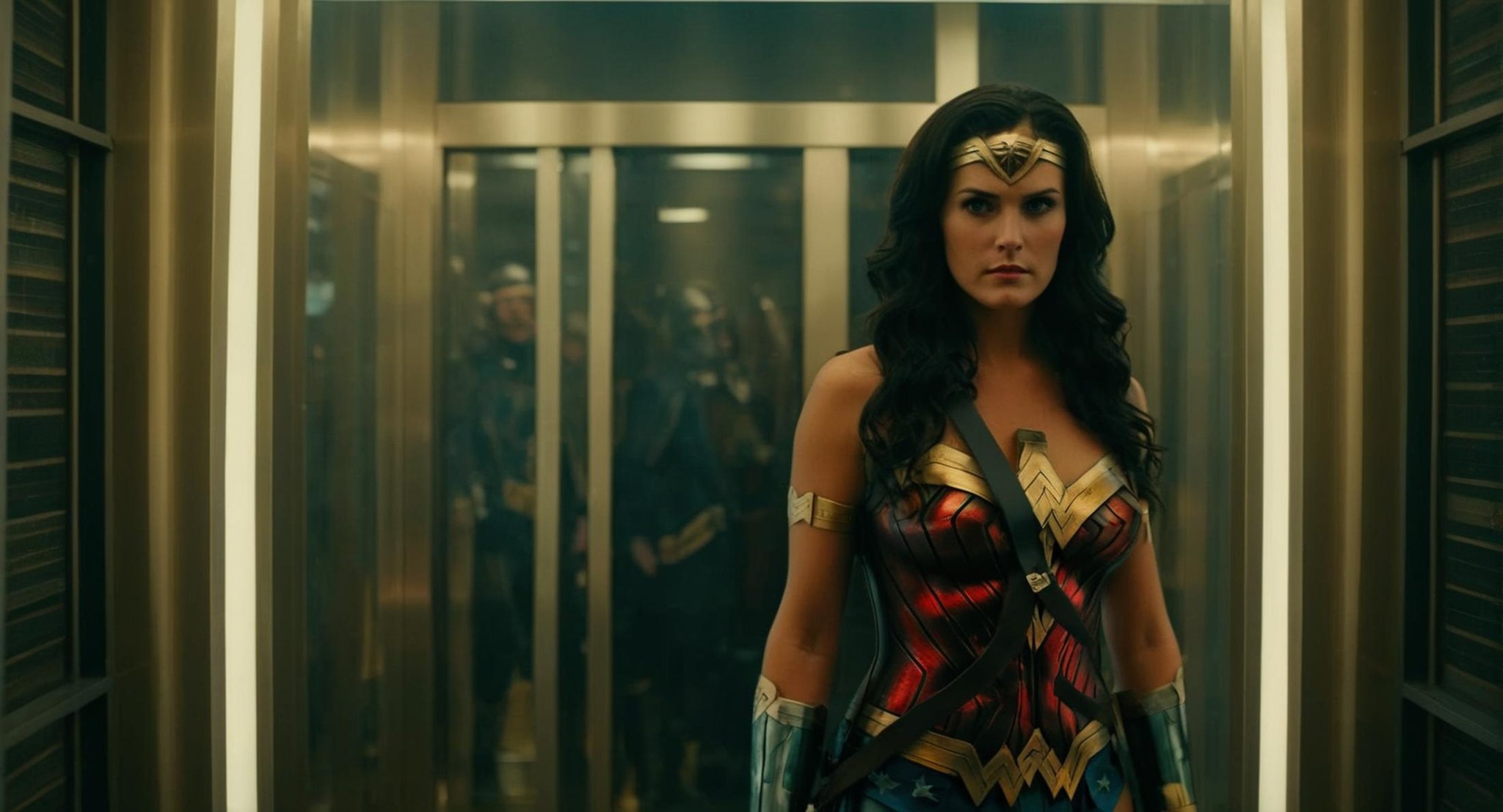 cinematic film still of  Cinematic Film stock footage in (arri alexa style) Kodak film print,   <lora:Wonder Woman:1> Wonder Woman a woman dressed in a Wonder costume standing in an elevator, shallow depth of field, vignette, highly detailed, high budget, bokeh, cinemascope, moody, epic, gorgeous, film grain, grainy