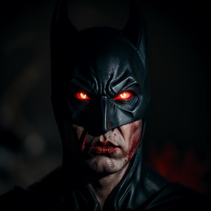 cinematic film still of Batman Vampire a close up of a batman mask with a red bloody mouth and vampire fangs,  shallow dep...