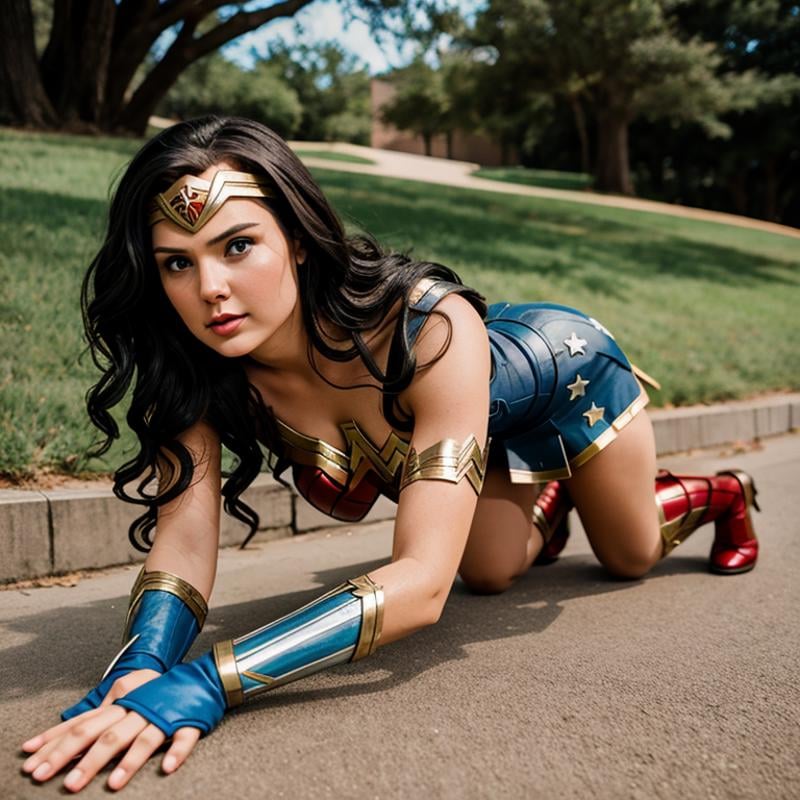 <lora:Wonder Woman SD1.5:1.2>Wonder Woman a woman in a Wonder costume is crawling on the ground