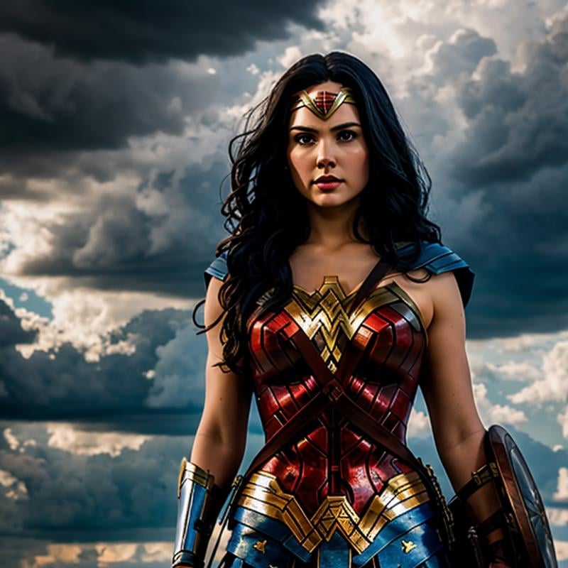 <lora:Wonder Woman SD1.5:1.2>Wonder Woman a woman in a Wonder costume standing in front of a cloudy sky