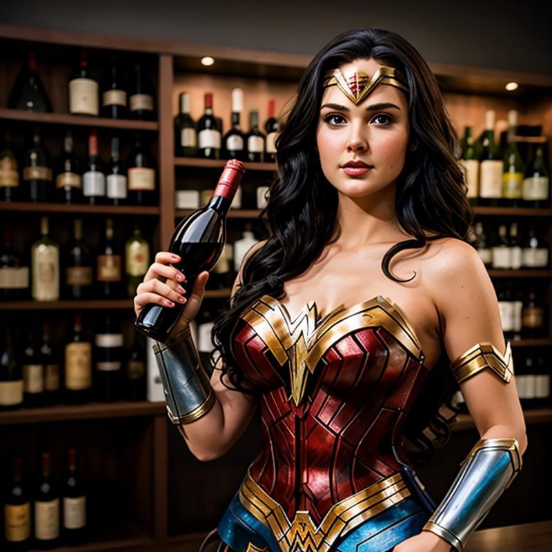 <lora:Wonder Woman SD1.5:1.2>Wonder Woman a beautiful woman dressed as a wonder woman holding a bottle of wine