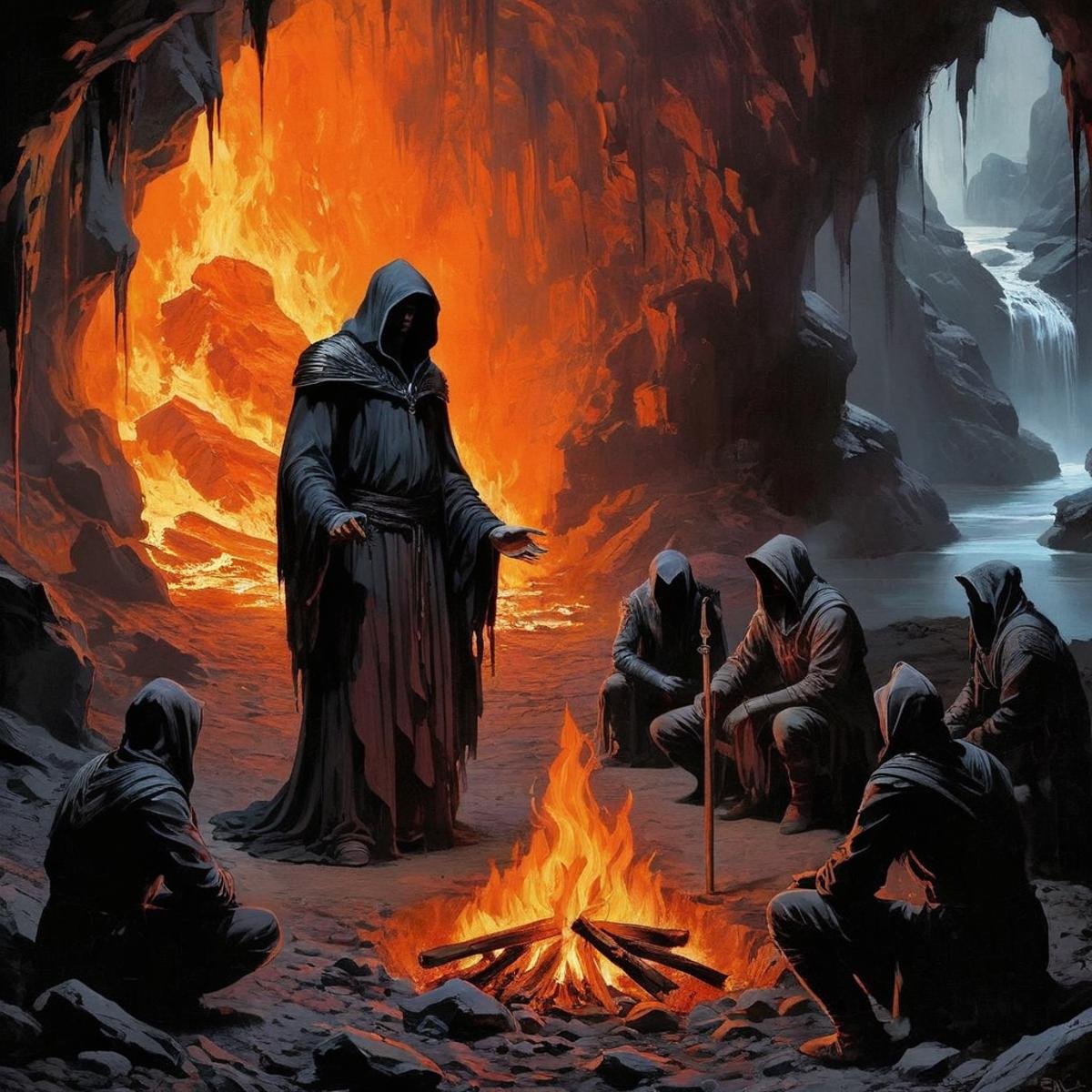 Dark Fantasy Art of  <lora:Dark Art Painting Style:1>a painting of a man standing over a fire with group of people in dark cave dark art painting style, dark, moody, dark fantasy style