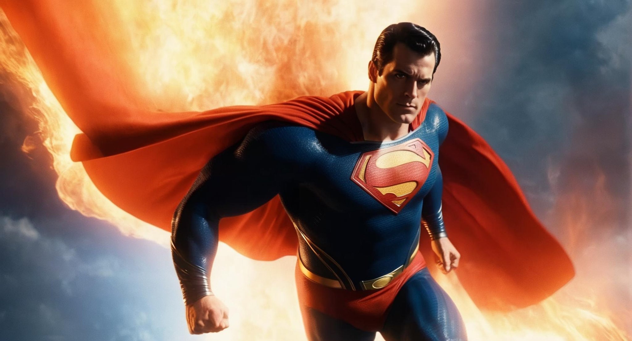 concept art of  Cinematic Film stock footage in (arri alexa style) Kodak film print,  <lora:Superman:1> Superman a man in a superman costume flying through the air while fiery beams of intensified heat coming out from both eyes, digital artwork, illustrative, painterly, matte painting, highly detailed