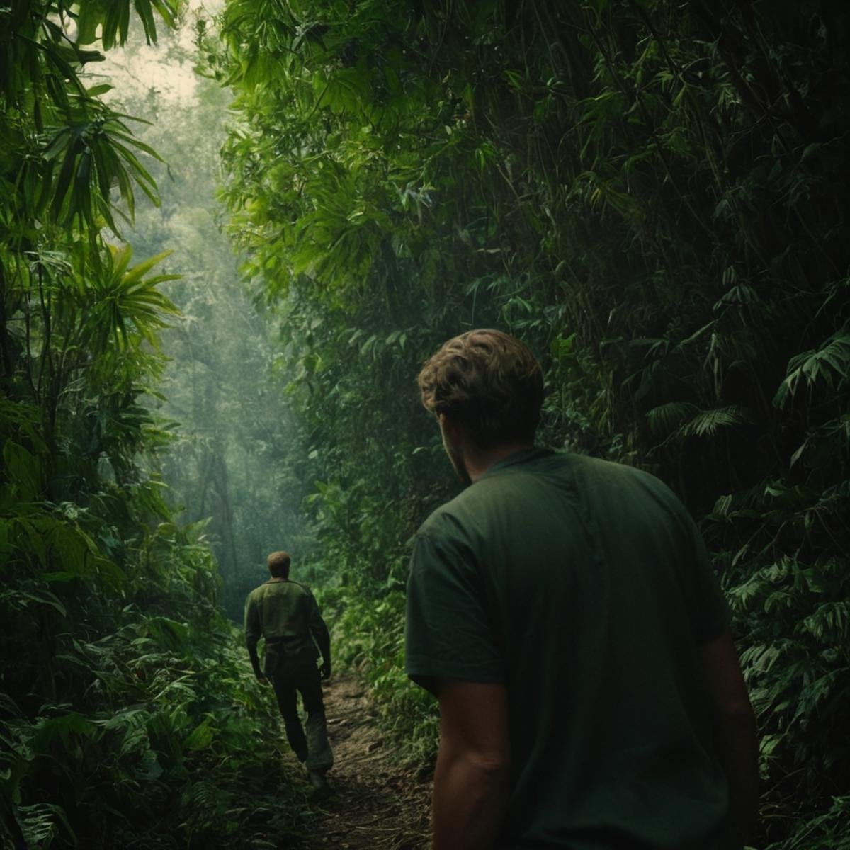cinematic film still of a man in jungle in a dutch angle rotated view style,  shallow depth of field,  vignette by EauDeNo...