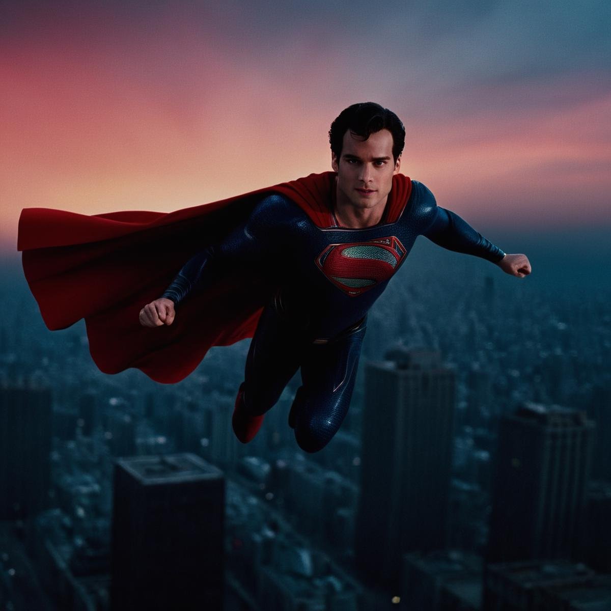 cinematic film still of  <lora:Superman v2:1>Kal-El, Kryptonian, Man of Steel, Superman a superman flying over a city with a red sky,solo,blue eyes,black hair,1boy,male focus,blurry,flying,city,superhero, shallow depth of field, vignette, highly detailed, high budget, bokeh, cinemascope, moody, epic, gorgeous, film grain, grainy