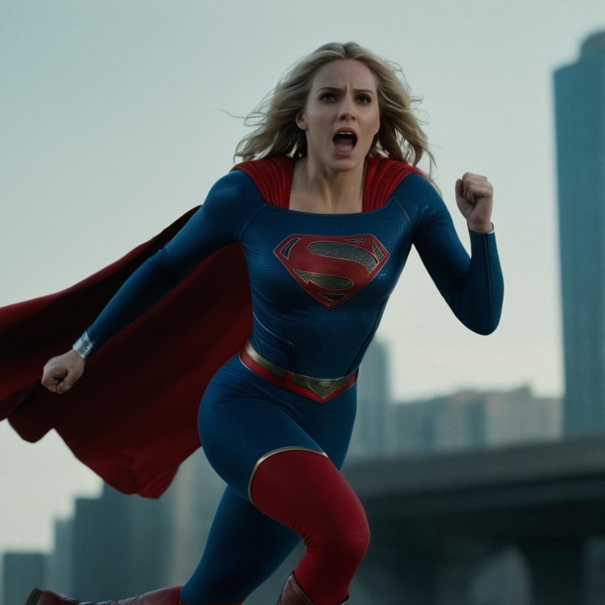 cinematic film still of  <lora:Superman v2:1>Kal-El, Kryptonian, Man of Steel, Superman a woman in a superman costume is running through the air,1girl,solo,long hair,breasts,open mouth,blonde hair,red eyes,boots,teeth,cape,torn clothes,blood,muscular,glowing,clenched hand,glowing eyes,clenched hands,realistic,superhero,debris, shallow depth of field, vignette, highly detailed, high budget, bokeh, cinemascope, moody, epic, gorgeous, film grain, grainy