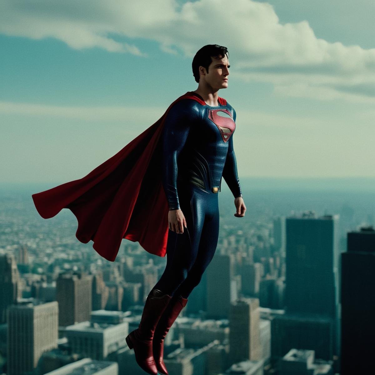 cinematic film still of  <lora:Superman v2:1>Kal-El, Kryptonian, Man of Steel, Superman a man in a superman costume flying over a city,solo,black hair,1boy,male focus,boots,outdoors,sky,day,cloud,cape,bodysuit,building,flying,city,realistic,red cape,black cape,superhero, shallow depth of field, vignette, highly detailed, high budget, bokeh, cinemascope, moody, epic, gorgeous, film grain, grainy