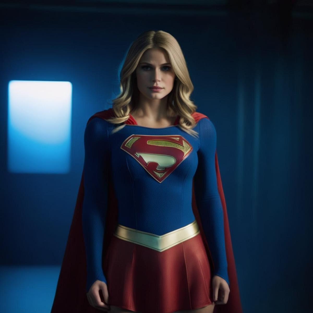 cinematic film still of  <lora:Superman v3:1>A woman dressed as a supergirl standing in a dark blue room,solo,long blonde choppy hair,blonde hair, focus,cape,bodysuit,realistic,retro artstyle,superhero, shallow depth of field, vignette, highly detailed, high budget, bokeh, cinemascope, moody, epic, gorgeous, film grain, grainy