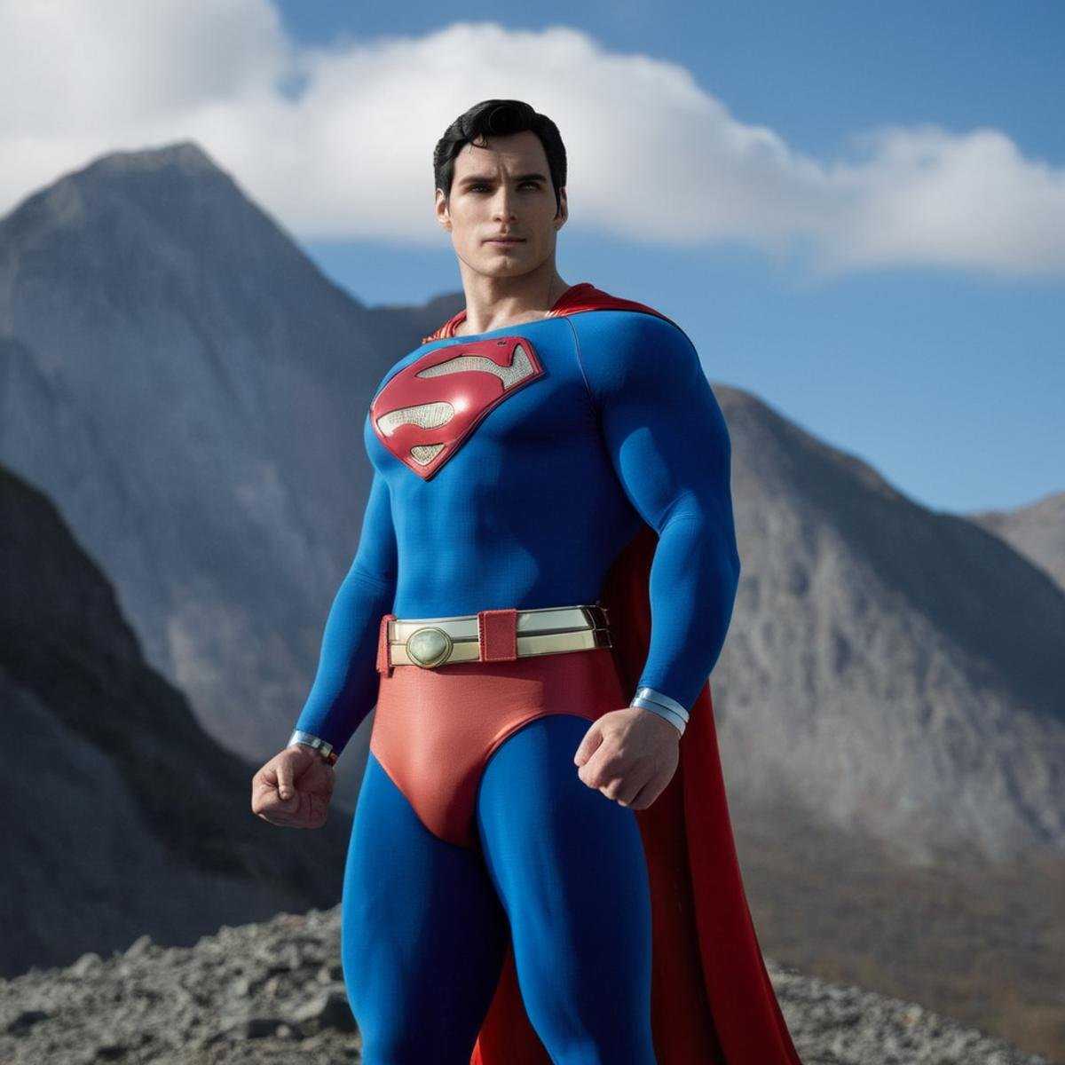 cinematic film still of  <lora:Superman v3:1>Kal-El, Kryptonian, Man of Steel, Superman a man in a superman costume standing in front of a mountain,solo,looking at viewer,blue eyes,black hair,1boy,closed mouth,upper body,male focus,outdoors,sky,day,belt,cloud,cape,blue sky,bodysuit,realistic,manly,superhero, shallow depth of field, vignette, highly detailed, high budget, bokeh, cinemascope, moody, epic, gorgeous, film grain, grainy