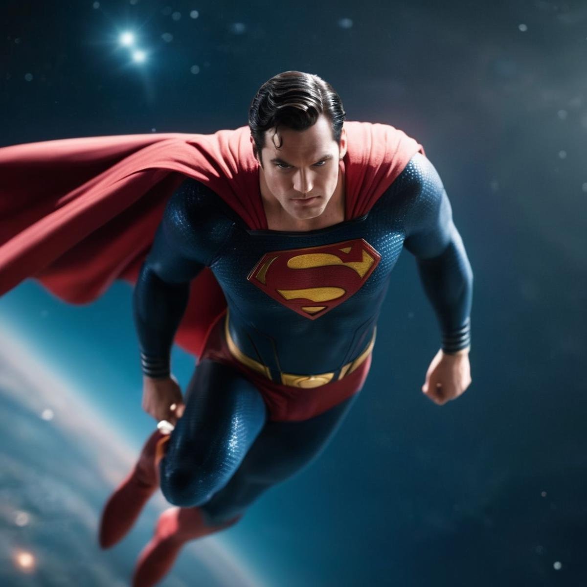 cinematic film still of Superman flying in space <lora:Superman:1>, shallow depth of field, vignette, highly detailed, high budget, bokeh, cinemascope, moody, epic, gorgeous, film grain, grainy