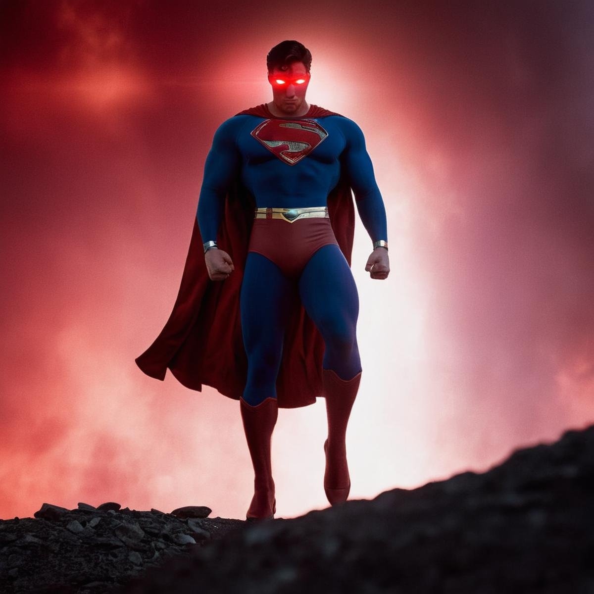 cinematic film still of  <lora:Superman v3:1>Kal-El, Kryptonian, Man of Steel, Superman a man in a red cape standing on a hill,solo,red eyes,1boy,standing,male focus,cape,mask,muscular,glowing,glowing eyes,red theme,superhero, red background, fire in background, red fire, partially covered in shadow, shallow depth of field, vignette, highly detailed, high budget, bokeh, cinemascope, moody, epic, gorgeous, film grain, grainy