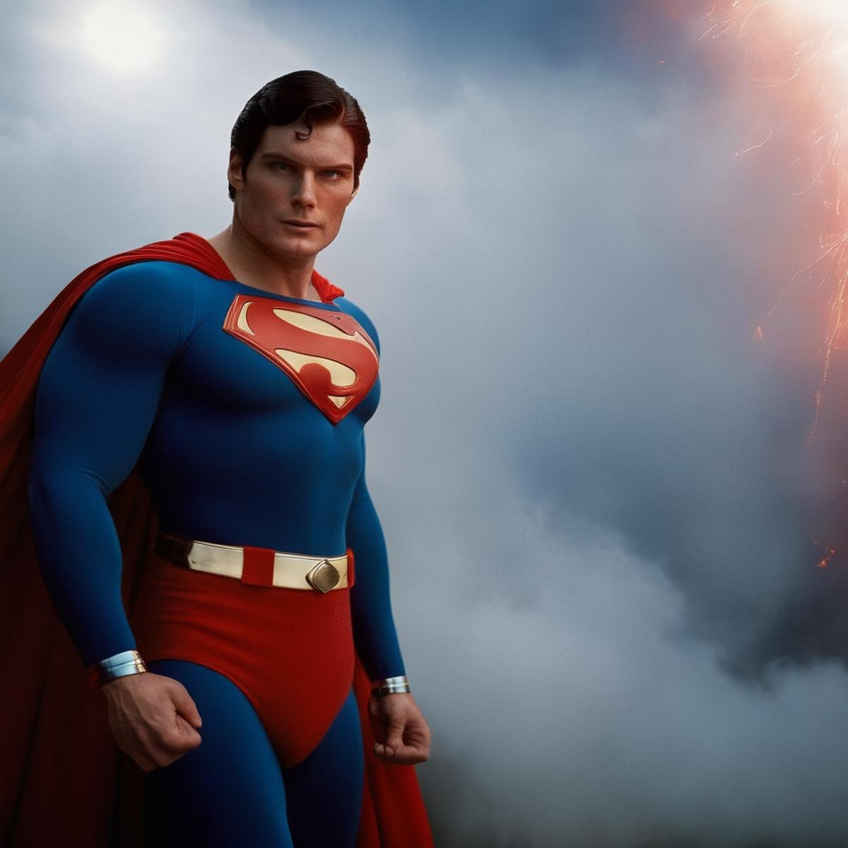 cinematic film still of  <lora:Superman v3:1>Christopher Reeve, Kal-El, Kryptonian, Man of Steel, Superman a 1970's man in a red cape unleashing massive blasts of red "heat vision" through the eyes, in focused beams of heat ,solo,black hair,1boy,upper body,male focus,cape,facial hair,realistic,red cape,wall,superhero,blue bodysuit,laser, shallow depth of field, vignette, highly detailed, high budget, bokeh, cinemascope, moody, epic, gorgeous, film grain, grainy