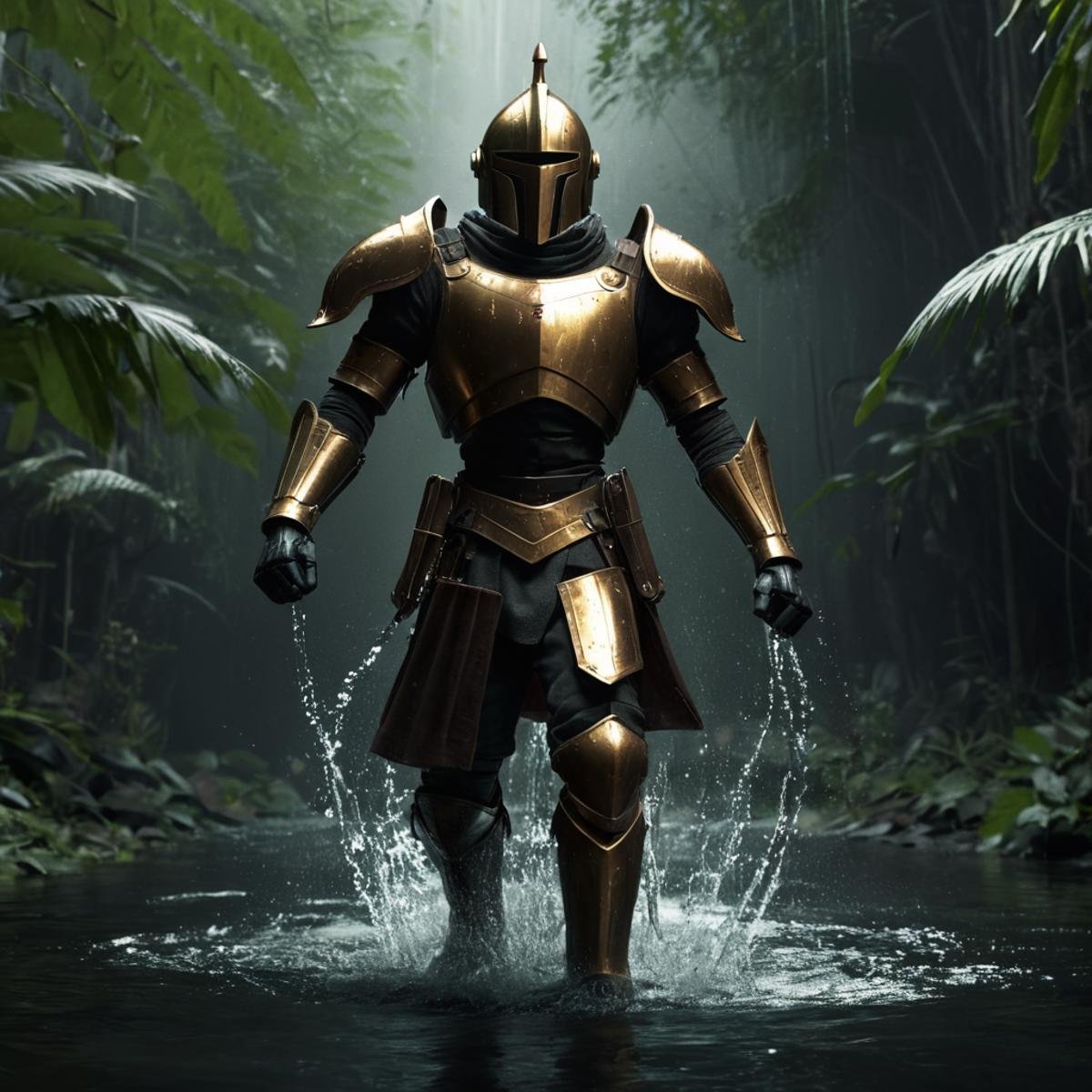 professional 3d model of a man in a gold knight armor middle ages outfit splashes water,  black hair,  holding by EauDeNoi...