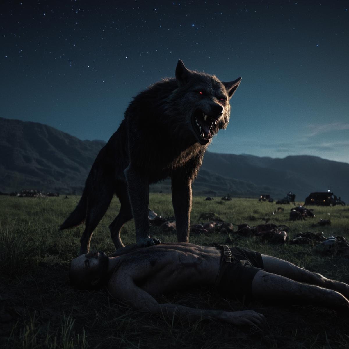 cinematic film still of a werewolf standing over a dead animal in a field,  weapon,  outdoors by EauDeNoire on Tensor.Art