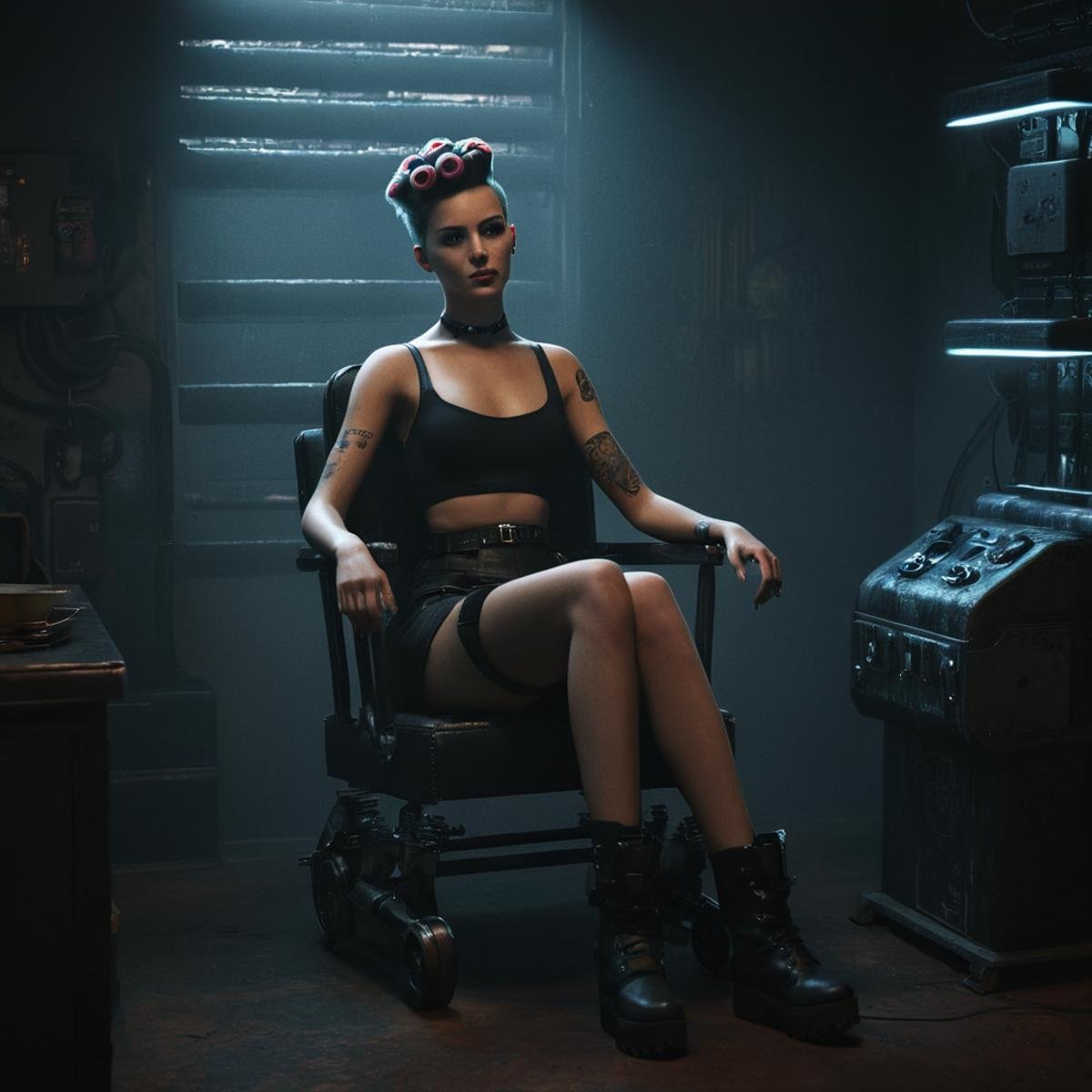 professional 3d model of a classic vintage woman with hair rollers sitting in a chair in a room,  1girl,  solo by EauDeNoi...