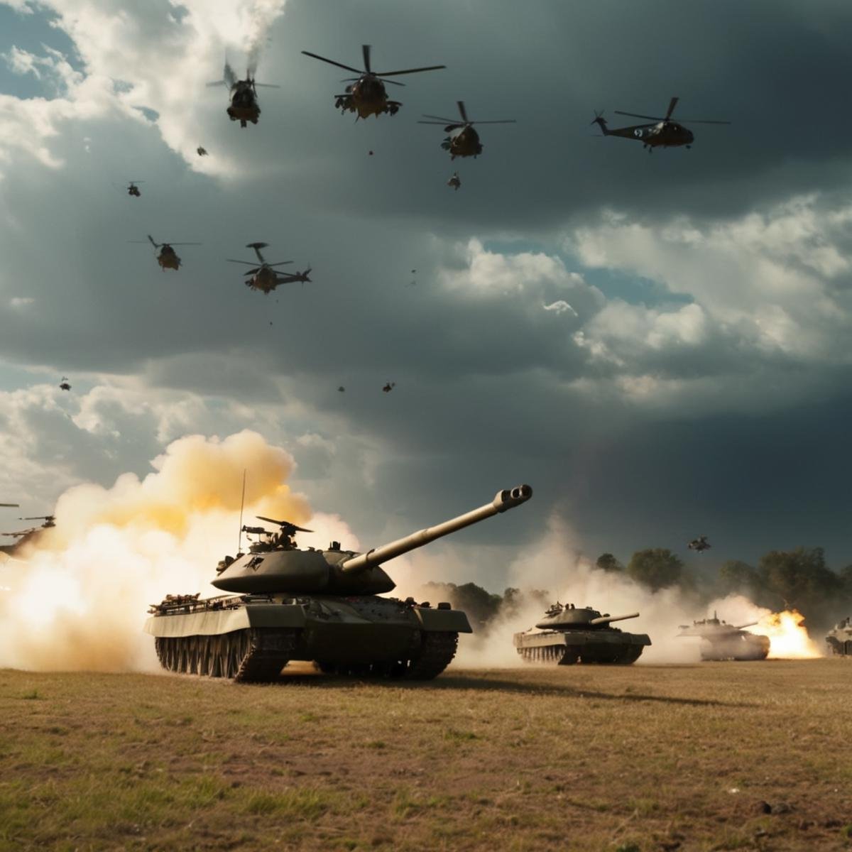 cinematic film still of a group of tanks and helicopters flying over a field,  weapon,  outdoors by EauDeNoire on Tensor.Art