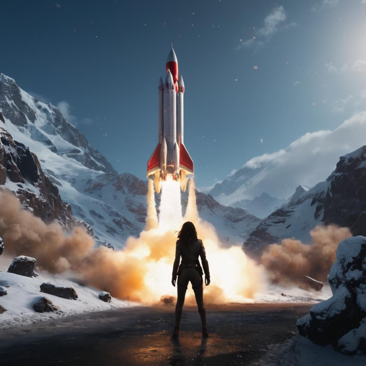 cinematic film still of Allied a rocket is being launched into the air,  1girl,  glowing by EauDeNoire on Tensor.Art