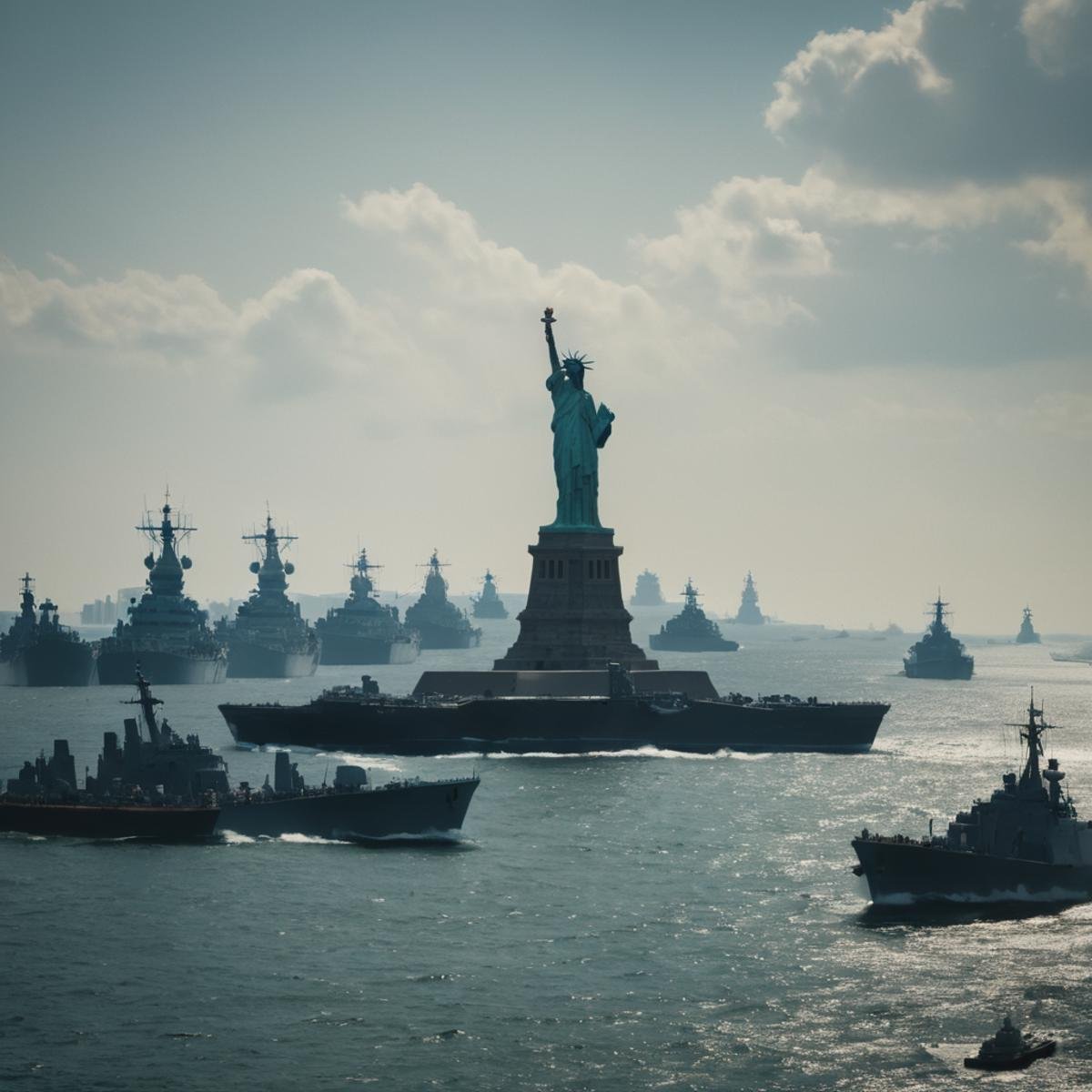 cinematic film still of statue of liberty surrounded by a fleet of ships,  sky,  day by EauDeNoire on Tensor.Art