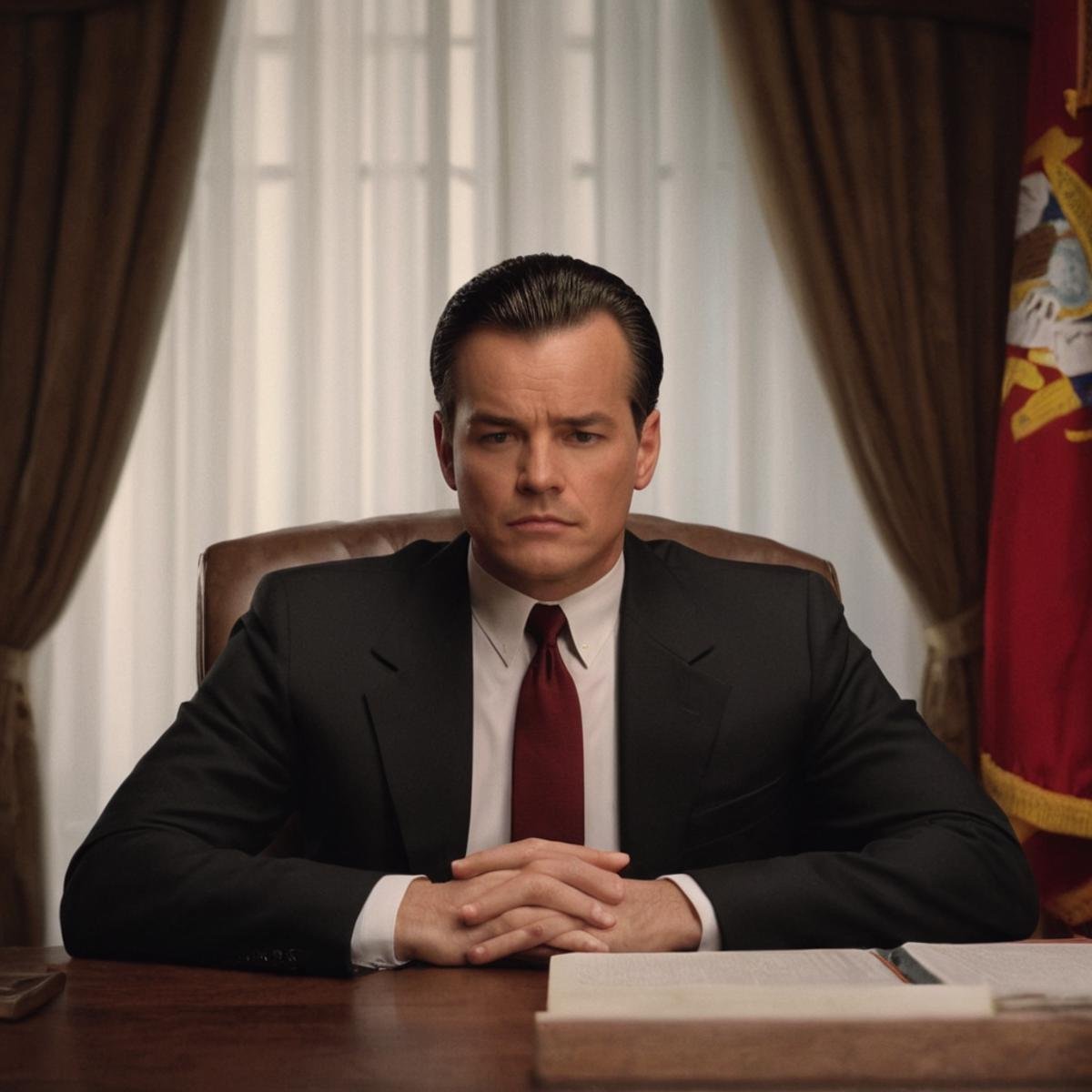 cinematic film still of President Michael Dugan a man in a suit sitting at a desk,  solo,  shirt by EauDeNoire on Tensor.Art