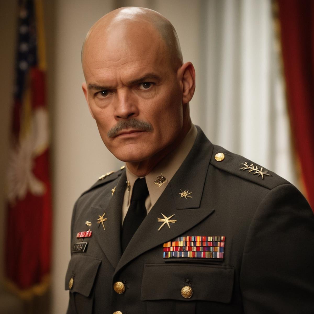 cinematic film still of General Ben Carville a bald man in a military uniform standing in a room,  solo,  1boy by EauDeNoi...