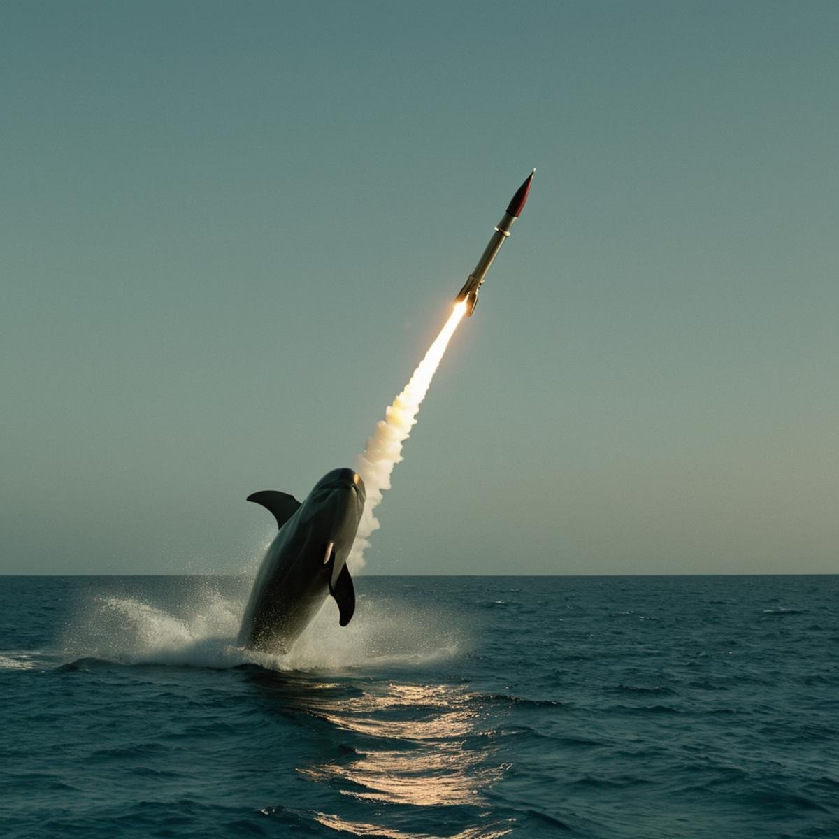 cinematic film still of Allies,  USA,  a a dolphin are playing with a rocket missile Allied Forces by EauDeNoire on Tensor...