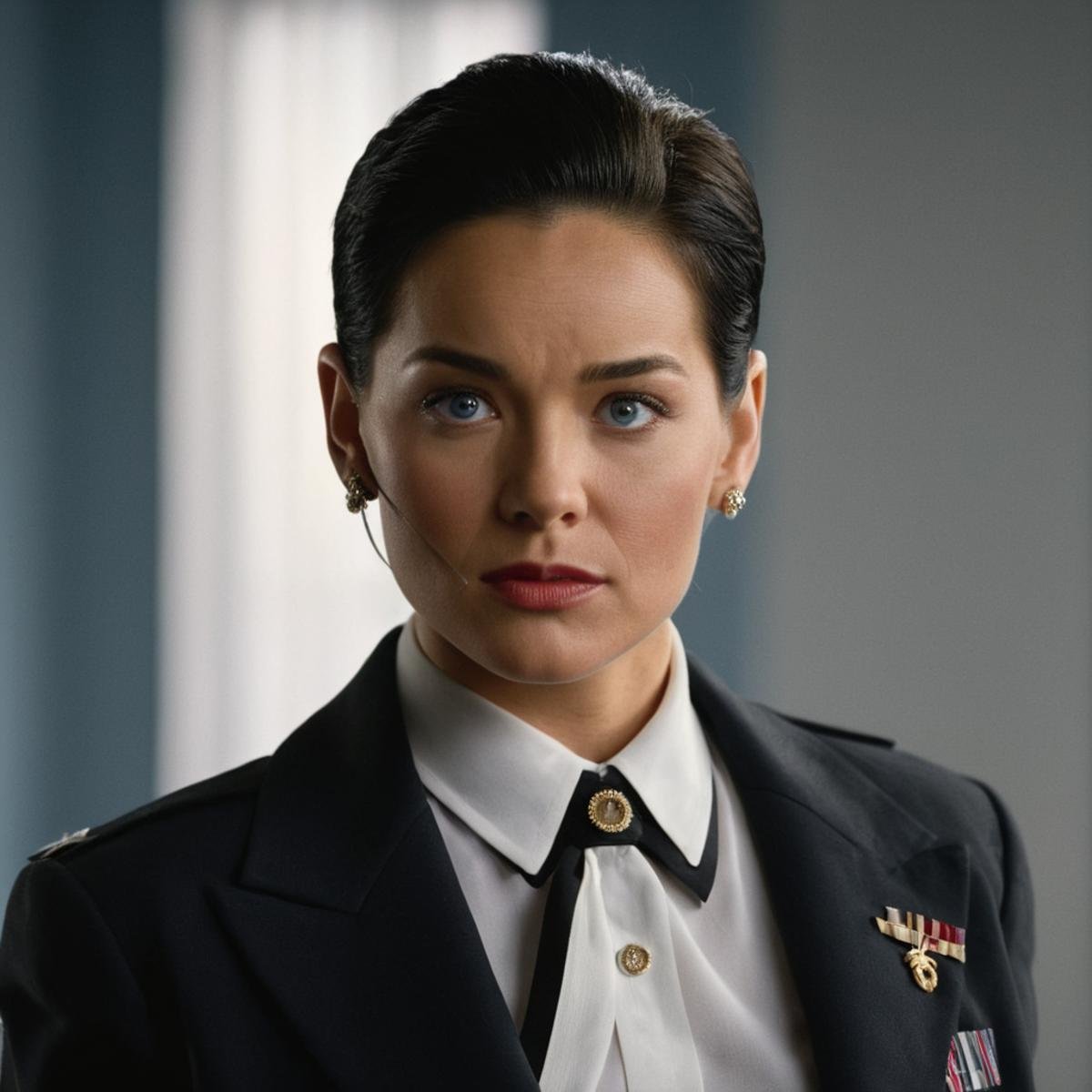 cinematic film still of Lieutenant Eva Lee a woman in a suit and tie is making a face,  solo,  looking at viewer by EauDeN...
