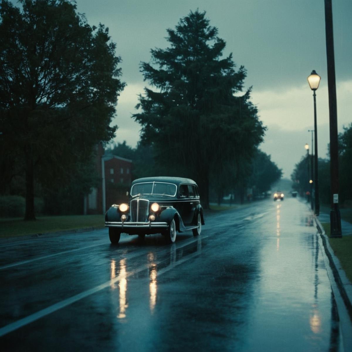 cinematic film still of classic film noir style <lora:Classic Film Noir style:1> a car is driving through the rain in front of a bus stop,cinematic,film,Hollywood,crime,drama,dramatic,dramatic light,low light,dim light,low-key light,shadow,partially covered in shadow,window light,dark light,cynical,1940s,1950s,classic,vintage,retro,visual style,realistic,film still,black film,night light,blue hour,motion picture,filmmaking style,neorealism,classic film noir style,monochrome,outdoors,sky,blurry,tree,no humans,night,depth of field,ground vehicle,building,scenery,motor vehicle,reflection,rain,sign,car,road,lamppost,bare tree,street,road sign, looking at camera, rain, headlight, shallow depth of field, vignette, highly detailed, high budget, bokeh, cinemascope, moody, epic, gorgeous, film grain, grainy