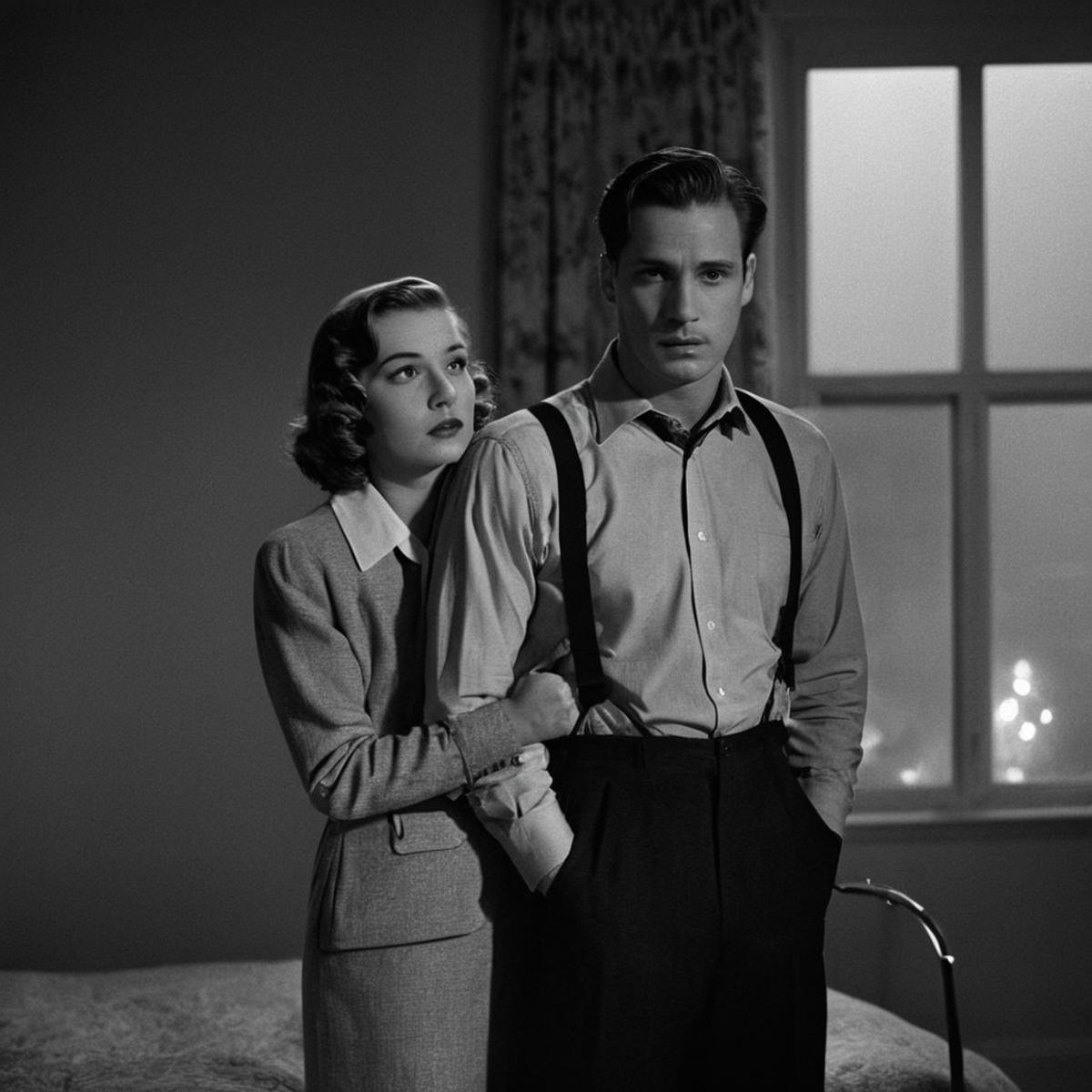 Film noir style,  <lora:Classic Film Noir style:1>a man holding a woman in a bedroom,cinematic,film,Hollywood,crime,drama,dramatic,dramatic light,low light,dim light,low-key light,shadow,partially covered in shadow,window light,dark light,cynical,1940s,1950s,classic,vintage,retro,visual style,realistic,film still,black film,night light,blue hour,motion picture,filmmaking style,neorealism,classic film noir style,1girl,short hair,shirt,long sleeves,1boy,underwear,monochrome,greyscale,horns,collared shirt,hug,suspenders,claws,bloomers,hand on another's neck, Monochrome, high contrast, dramatic shadows, 1940s style, mysterious, cinematic