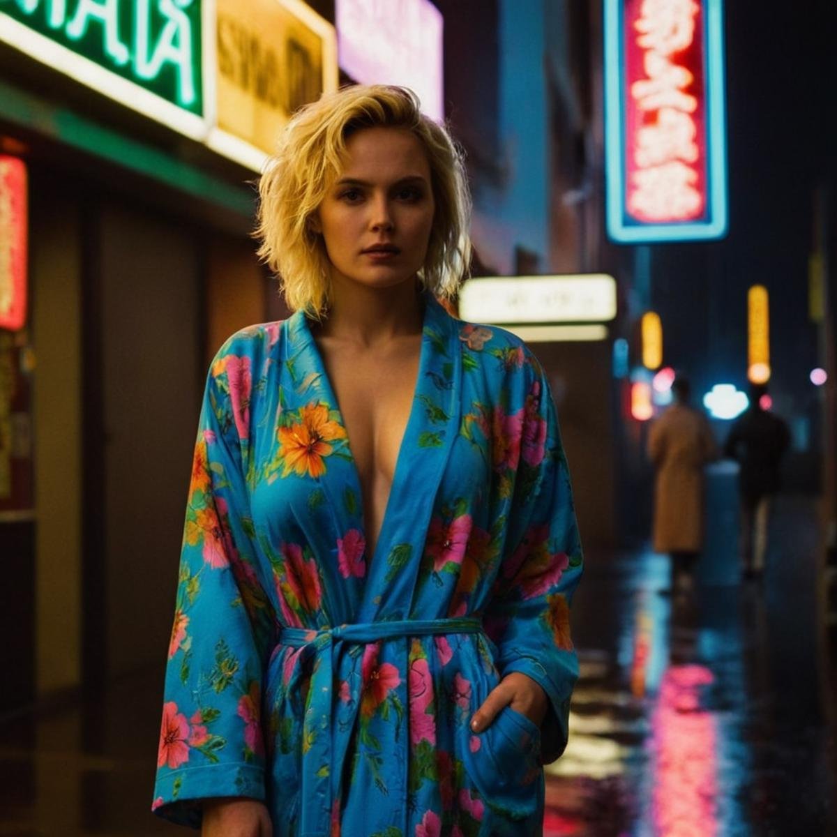 Neon noir, classic film noir style of <lora:Classic Film Noir style:1>  <lora:graphic novel style:0.55>1980's Shelly Webster blonde choppy hair a woman in a floral robe posing naked In graphic novel style, Cyberpunk, dark, rainy streets, neon signs, high contrast, low light, vibrant, highly detailed