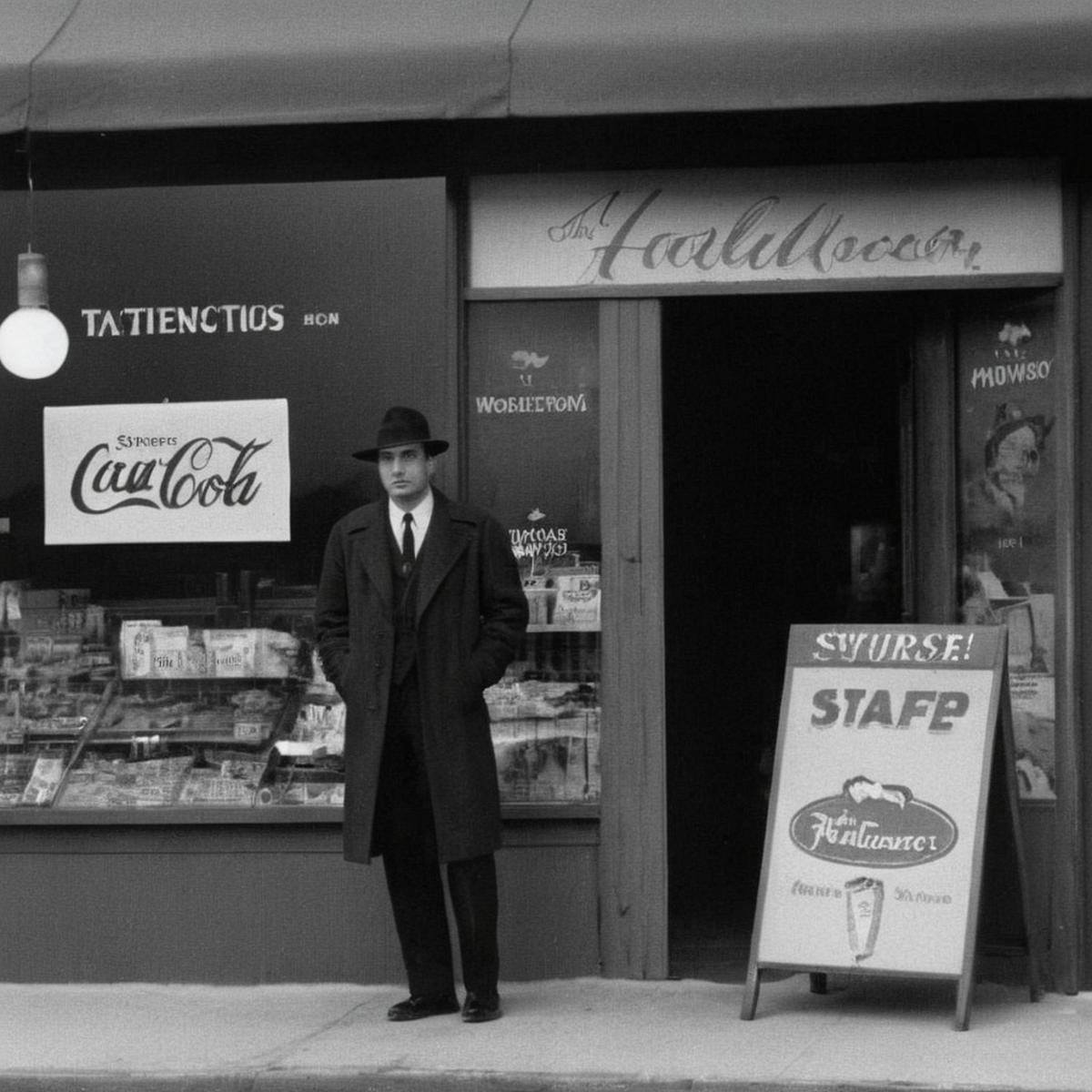 Film noir style, classic film noir style of <lora:Classic Film Noir style:1>  <lora:Cinematic Vintage Hollywood Film Style:0.55>a man standing in front of a store Cinematic Vintage Hollywood Film Style, Monochrome, high contrast, dramatic shadows, 1940s style, mysterious, cinematic