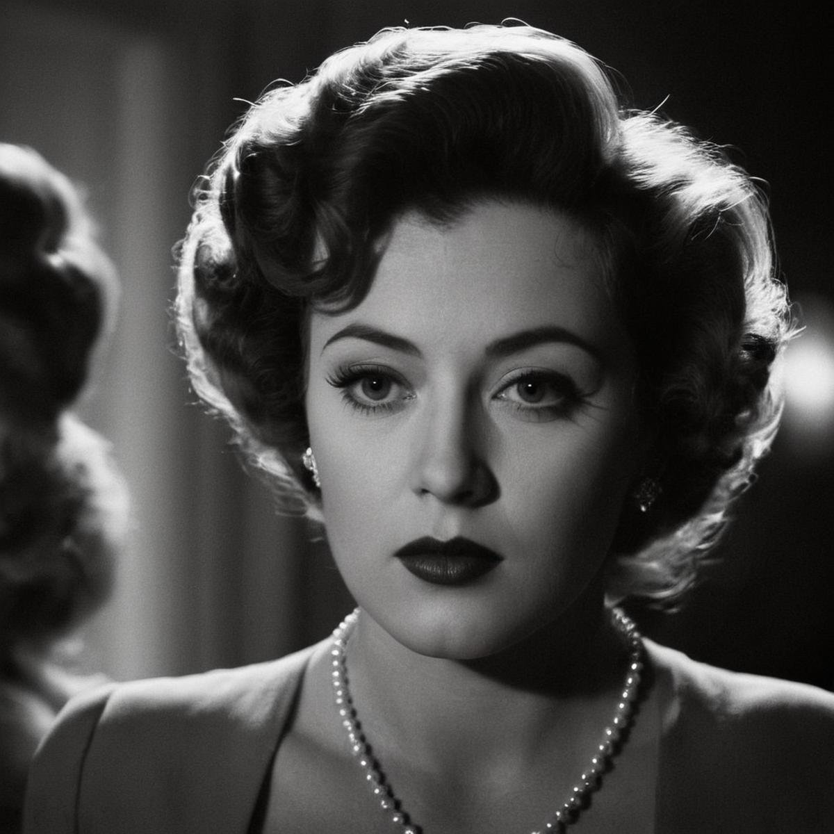 Film noir style, classic film noir style <lora:Classic Film Noir style:1> a woman with a very large hairdo and a necklace,cinematic,film,Hollywood,crime,drama,dramatic,dramatic light,low light,dim light,low-key light,shadow,partially covered in shadow,window light,dark light,cynical,1940s,1950s,classic,vintage,retro,visual style,realistic,film still,black film,night light,blue hour,motion picture,filmmaking style,neorealism,classic film noir style,1girl,solo,looking at viewer,1boy,monochrome,greyscale,male focus,lips,portrait, closeup, Monochrome, high contrast, dramatic shadows, 1940s style, mysterious, cinematic