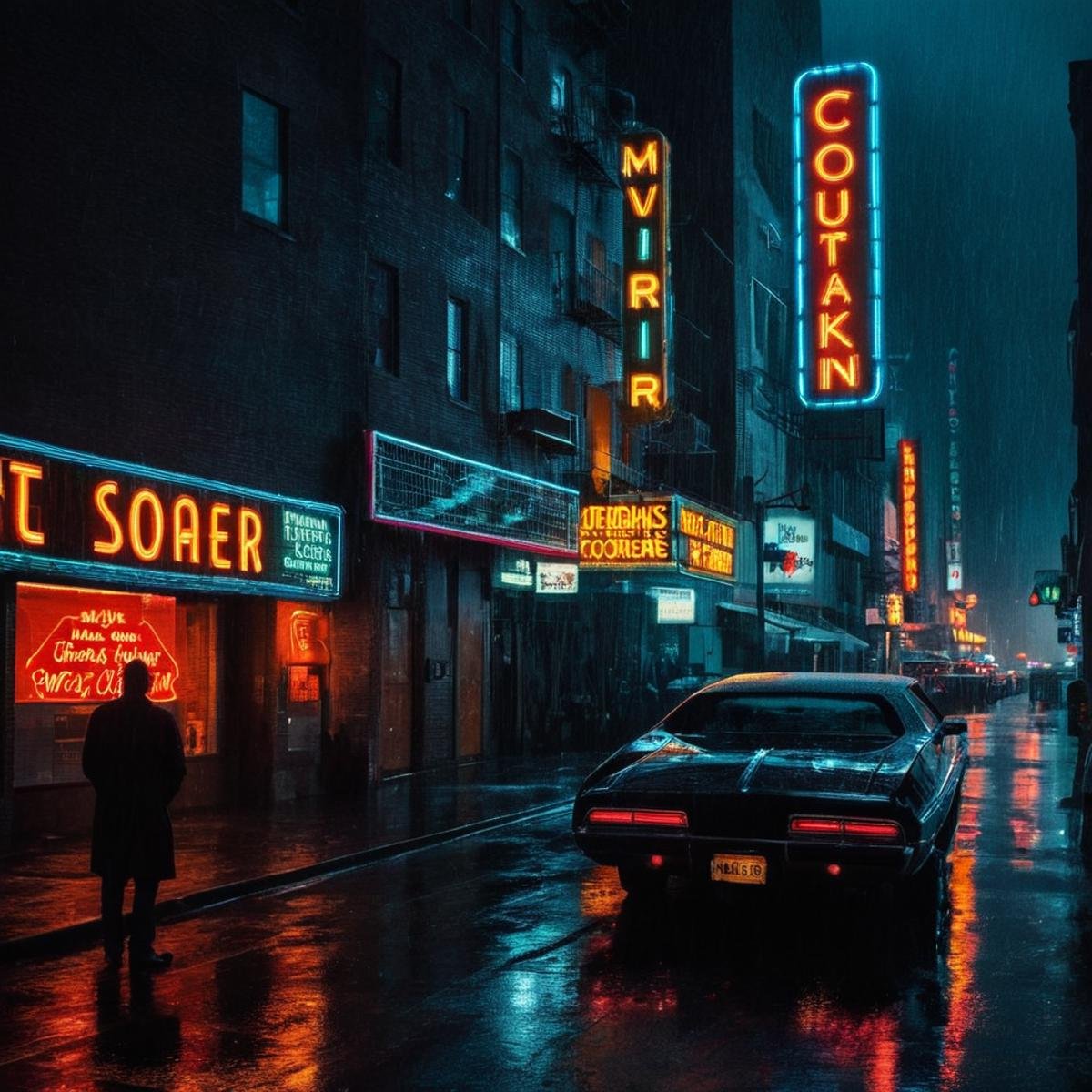 Neon noir, classic film noir style <lora:Classic Film Noir style:1> , Cyberpunk, dark, rainy streets, neon signs, high contrast, low light, vibrant, highly detailed