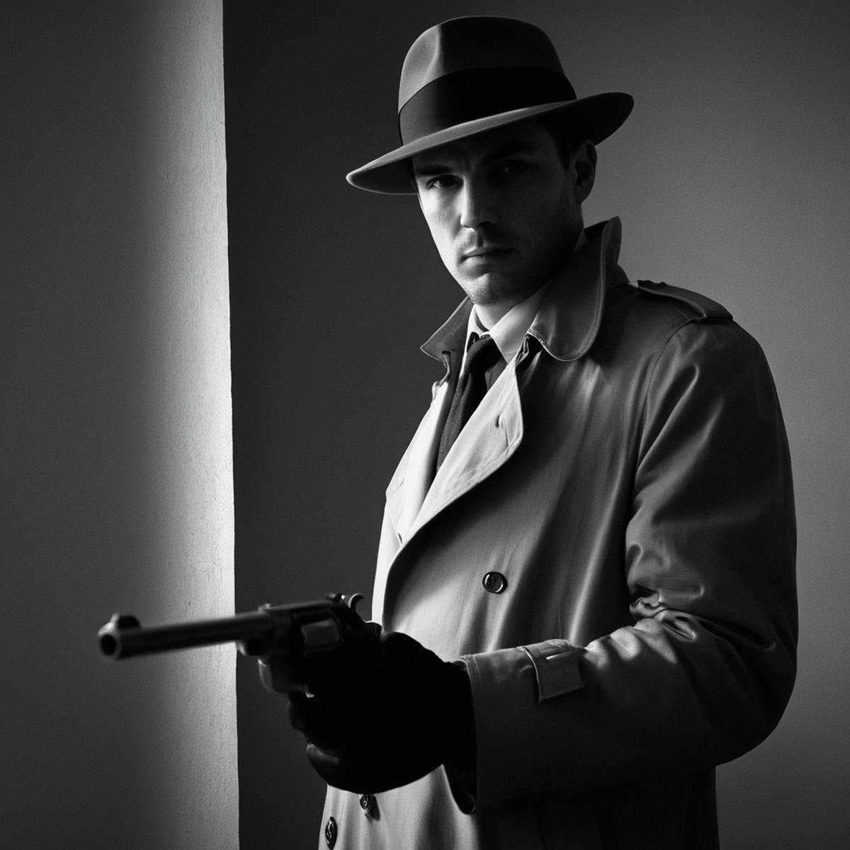 Film noir style, classic film noir style <lora:Classic Film Noir style:1> a man in a trench coat holding a gun,cinematic,film,Hollywood,crime,drama,dramatic,dramatic light,low light,dim light,low-key light,shadow,partially covered in shadow,window light,dark light,cynical,1940s,1950s,classic,vintage,retro,visual style,realistic,film still,black film,night light,blue hour,motion picture,filmmaking style,neorealism,classic film noir style,solo,gloves,1boy,hat,holding,monochrome,weapon,greyscale,male focus,holding weapon,coat,gun,facial hair,holding gun,handgun,vase, looking at camera, Monochrome, high contrast, dramatic shadows, 1940s style, mysterious, cinematic