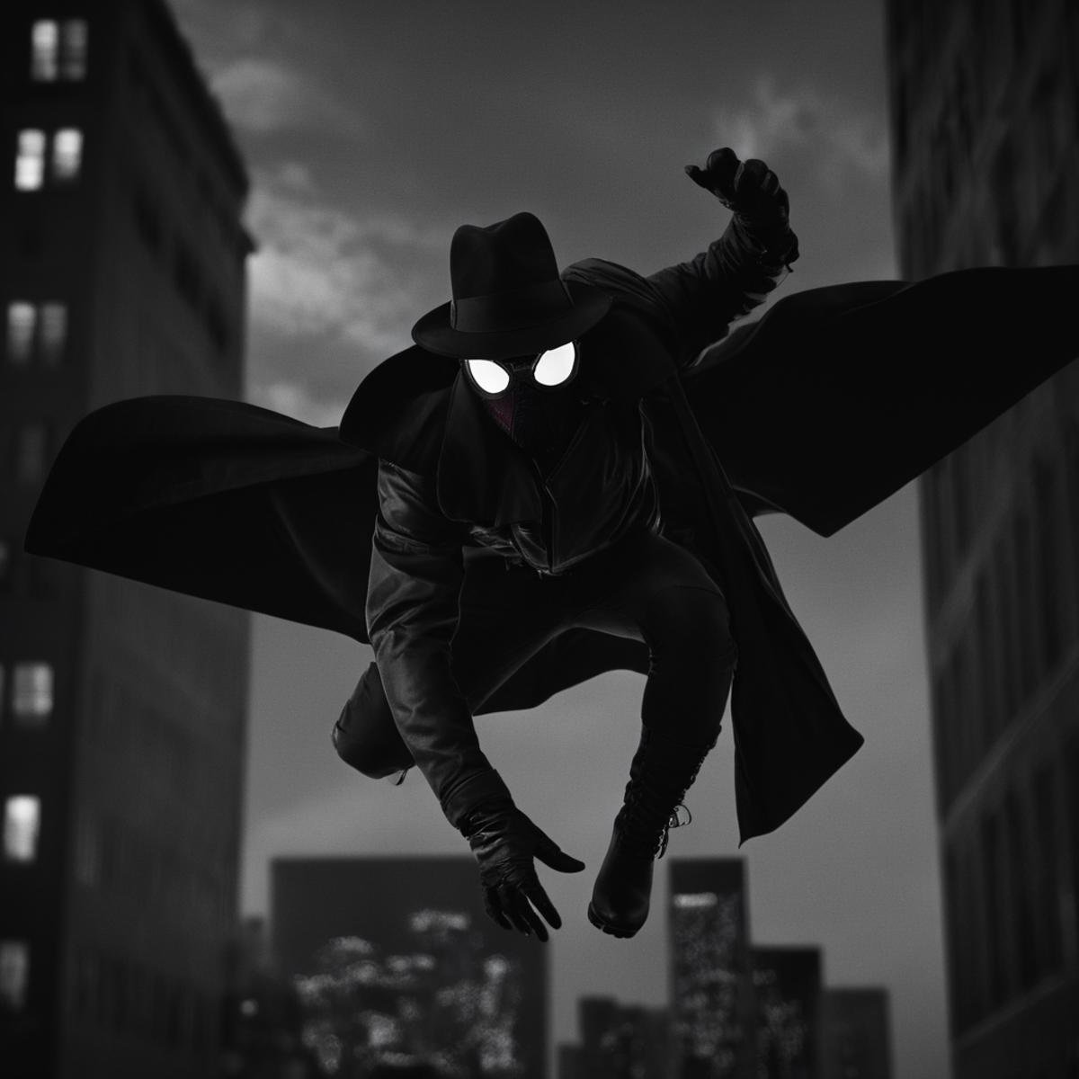 cinematic film still of Spider-Man Noir a man in a trench coat is flying over a city in Marvel Noir universe,  solo,  glov...